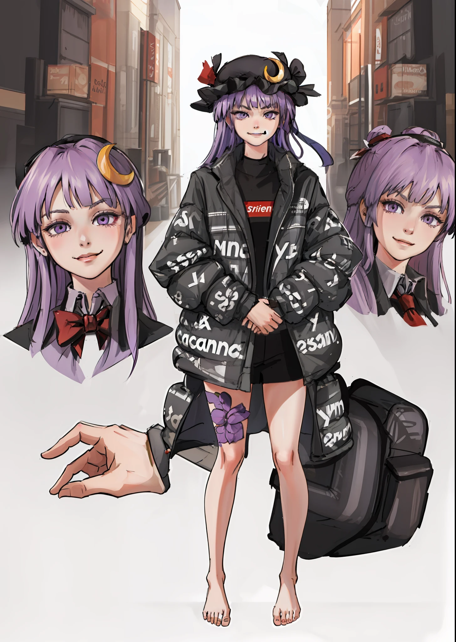 feet, sole, toe ((masterpiece, best quality)), 1girl, patchouli_knowledge, 
dripjacket
own hands together, purple eyes, purple hat, crescent hair ornament, looking at viewer, full body, (smirk),