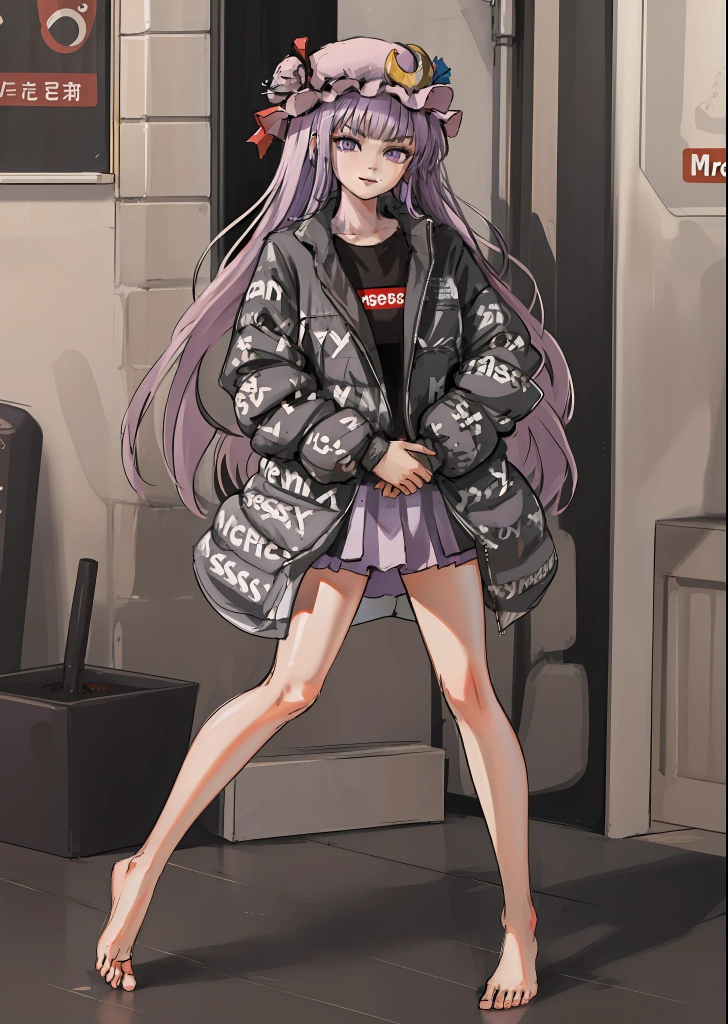 feet, sole, toe ((masterpiece, best quality)), 1girl, patchouli_knowledge, 
dripjacket
own hands together, purple eyes, purple hat, crescent hair ornament, looking at viewer, full body, (smirk),