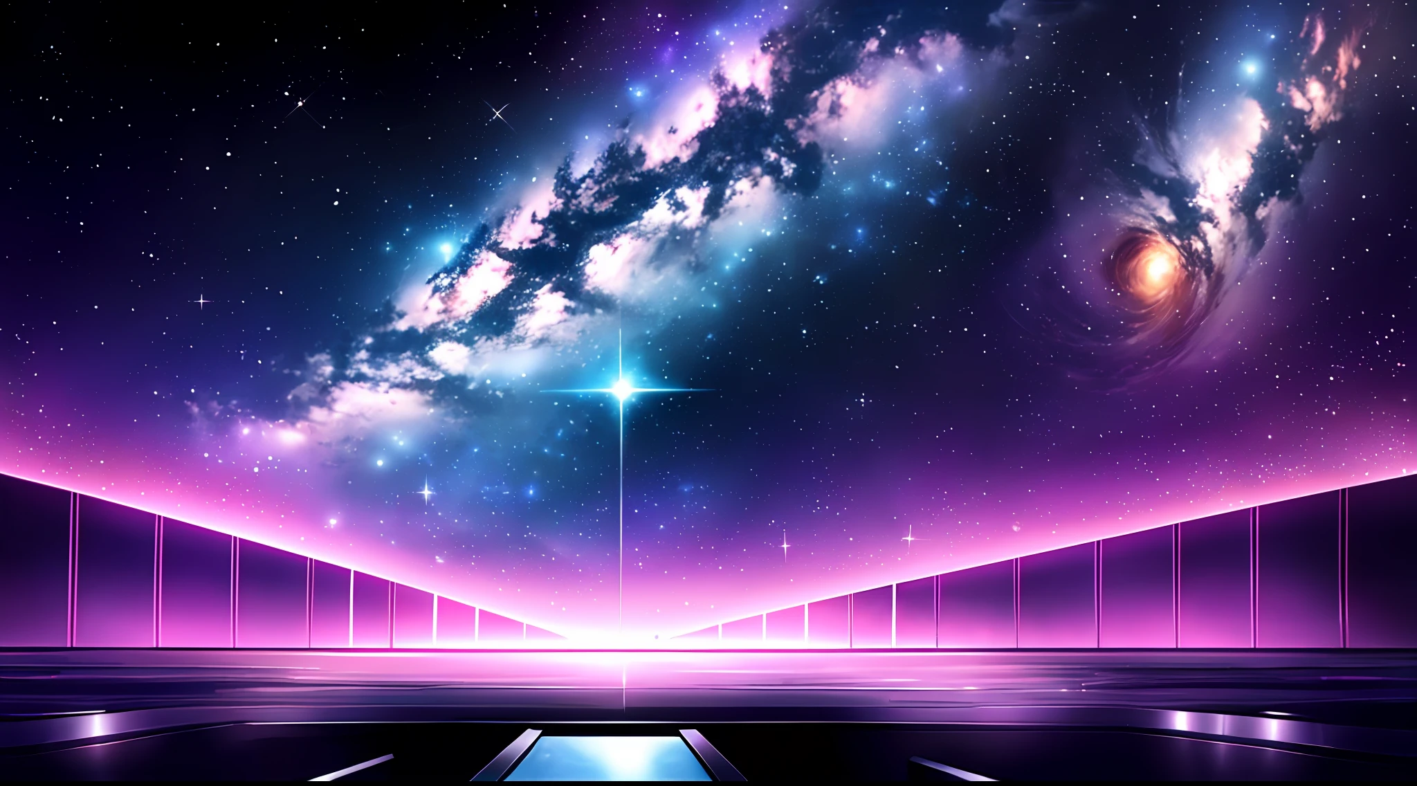 "(Create a breathtaking Anime artwork with impeccable quality) A mesmerizing scene set in a purple room adorned with a magnificent black throne placed prominently in the center. The room is bathed in a soft glow from the stars and galaxies of a stunning space background."