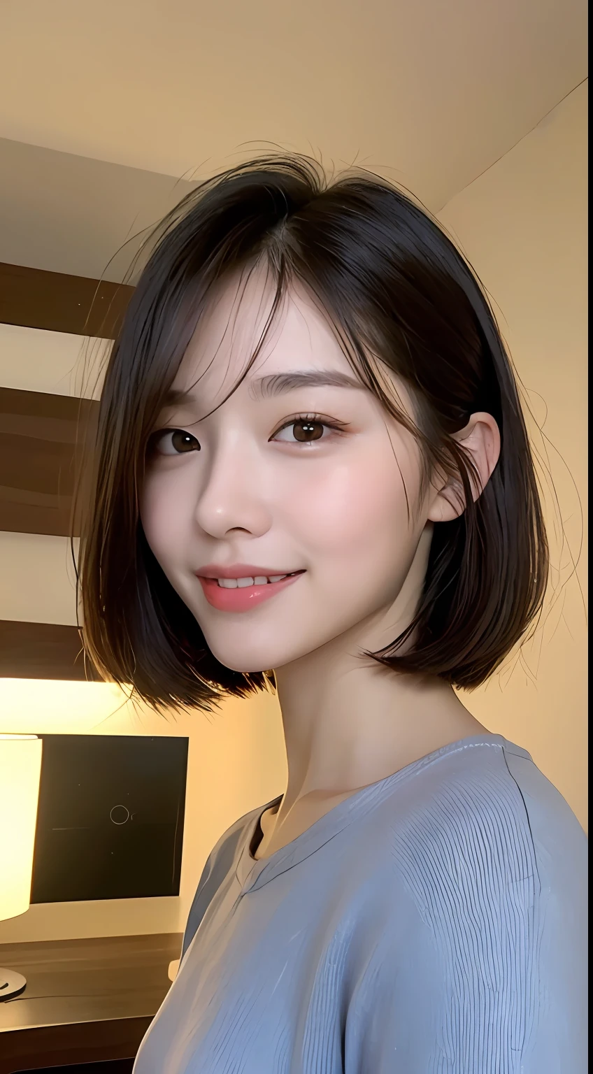 ((Best Quality, 8K, Masterpiece: 1.3)), 1 Girl, Slim Abs Beauty: 1.3, (Hairstyle Casual, Big: 1.2), Dress: 1.1, Super Slender Face, Delicate Eyes, Double Eyelids, Smile, Home, Raw Photo