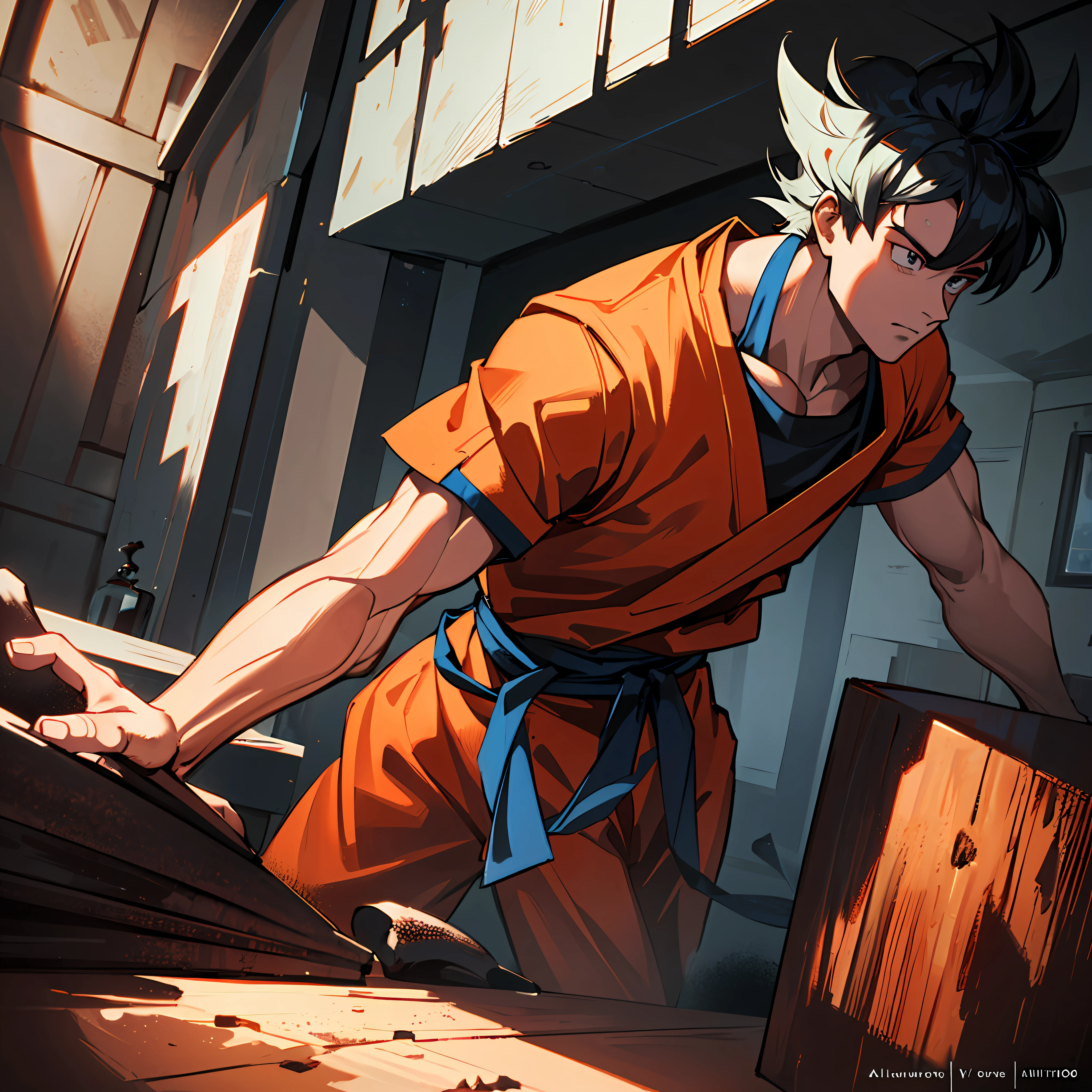 Obra-prima, melhor qualidade, altamente detalhado, homem musculoso, foco masculino, goku observando monstro na colina, volumetric lighting, octane rendering, 4K resolution, trending on ArtStation