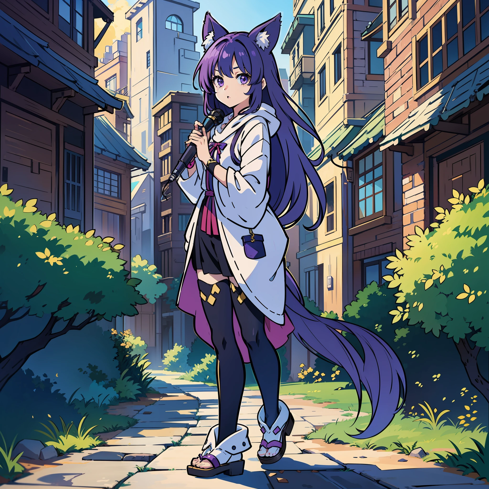 Fox ears、Fox tail、Purple hair、long-hair、Kigurumi、Standing Picture、Shorter、mic、full - body、Fantasy background、towns、((full - body))、((masterwork))、((Anime filling))、anime character、Moe Character