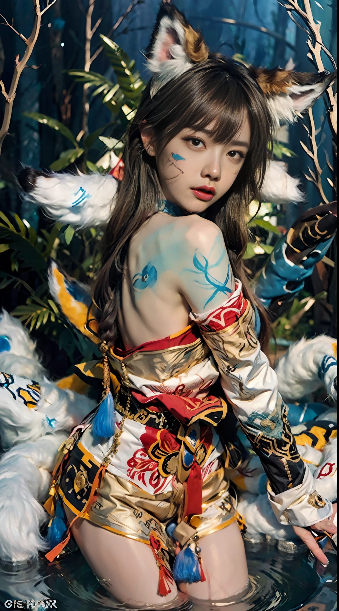 1 Girl, Fox, Fox \ (League of Legends), K/DA \ (League of Legends), Animal Ears, Face Markers, Fox Ears, Fox Tail, Orange Eyes, Multiple Tails, Tail, Water Protection