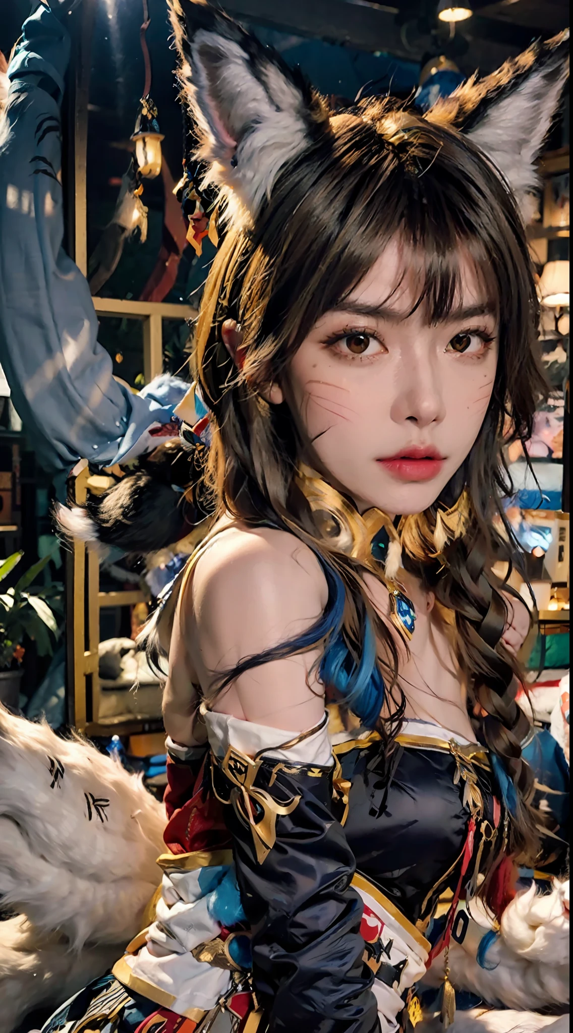1 Girl, Fox, Fox \ (League of Legends), K/DA \ (League of Legends), Animal Ears, Face Markers, Fox Ears, Fox Tail, Orange Eyes, Multiple Tails, Tail, Water Protection