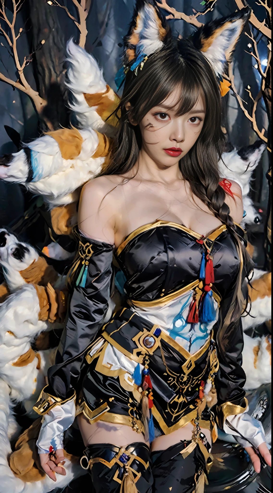 1 Girl, Fox, Fox \ (League of Legends), K/DA \ (League of Legends), Animal Ears, Face Markers, Fox Ears, Fox Tail, Orange Eyes, Multiple Tails, Tail, Water Protection