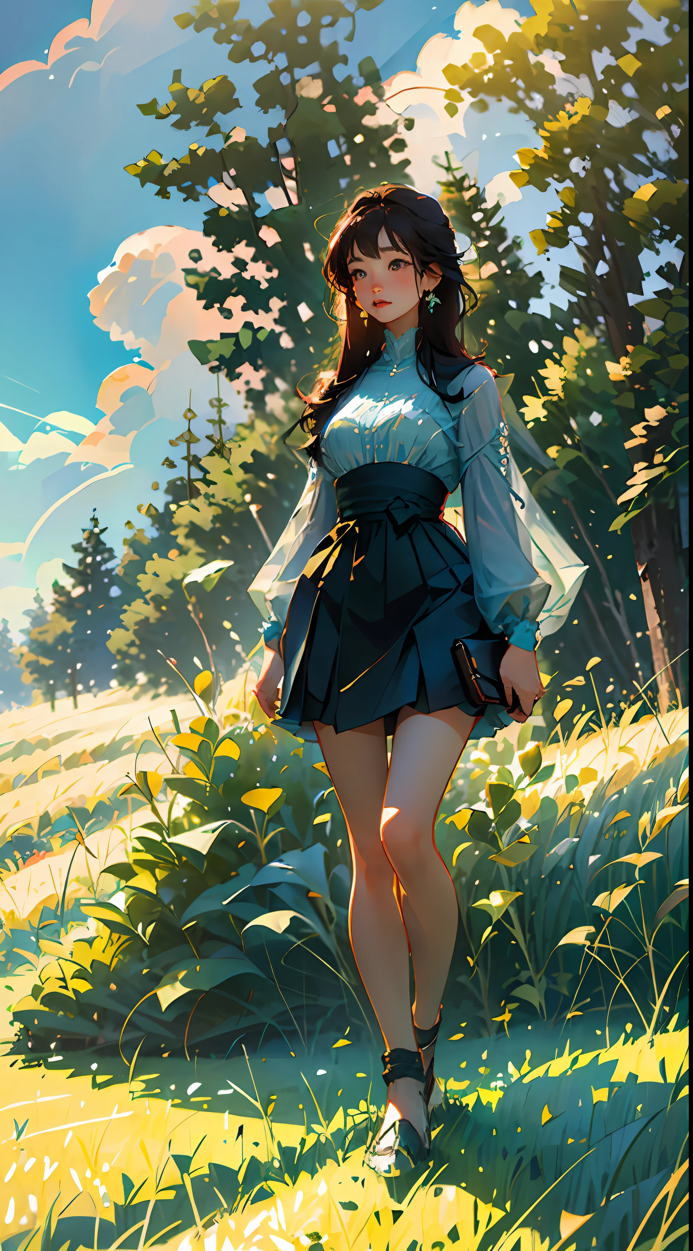 Wheat field, a beautiful girl standing in a wheat field, big clouds, blue sky, rice field, neat rice seedlings in the field, forest, hillside, secluded, countryside, HD detail, hyper-detail, cinematic, surrealism, soft light, deep field focus bokeh, ray tracing and surrealism. --v6