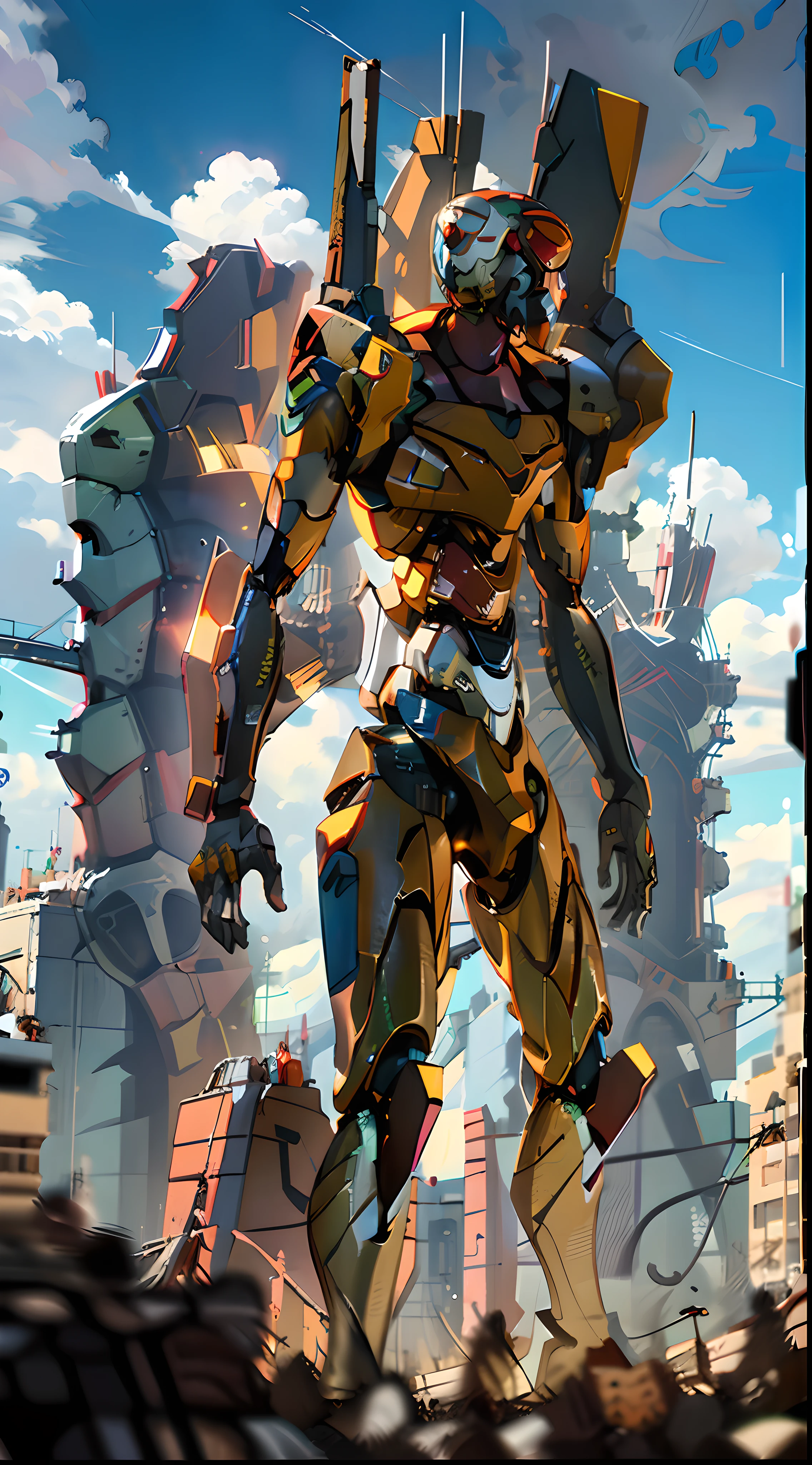 ((eva 00), evagod:1.1), evagenlion, Concept Design, sci-fic character design, SCIENCE FICTION, giant robot, advanced metal and Ceramic Mecha, Accurate EVA 00 head details, high-tech, huge android, (outdoor, sky, clouds), global illumination, edge light, octane rendering, ray tracing, 4k, best quality, masterpiece, high resolution, very detailed, scientific anatomy, carbon fiber, titanium, surrealism, anatomy, beautiful Tokyo-3 background, CG, unity, wallpaper, futurism, epic, apocalypse, sci-fi fighter, giant mechanic, correct perspective