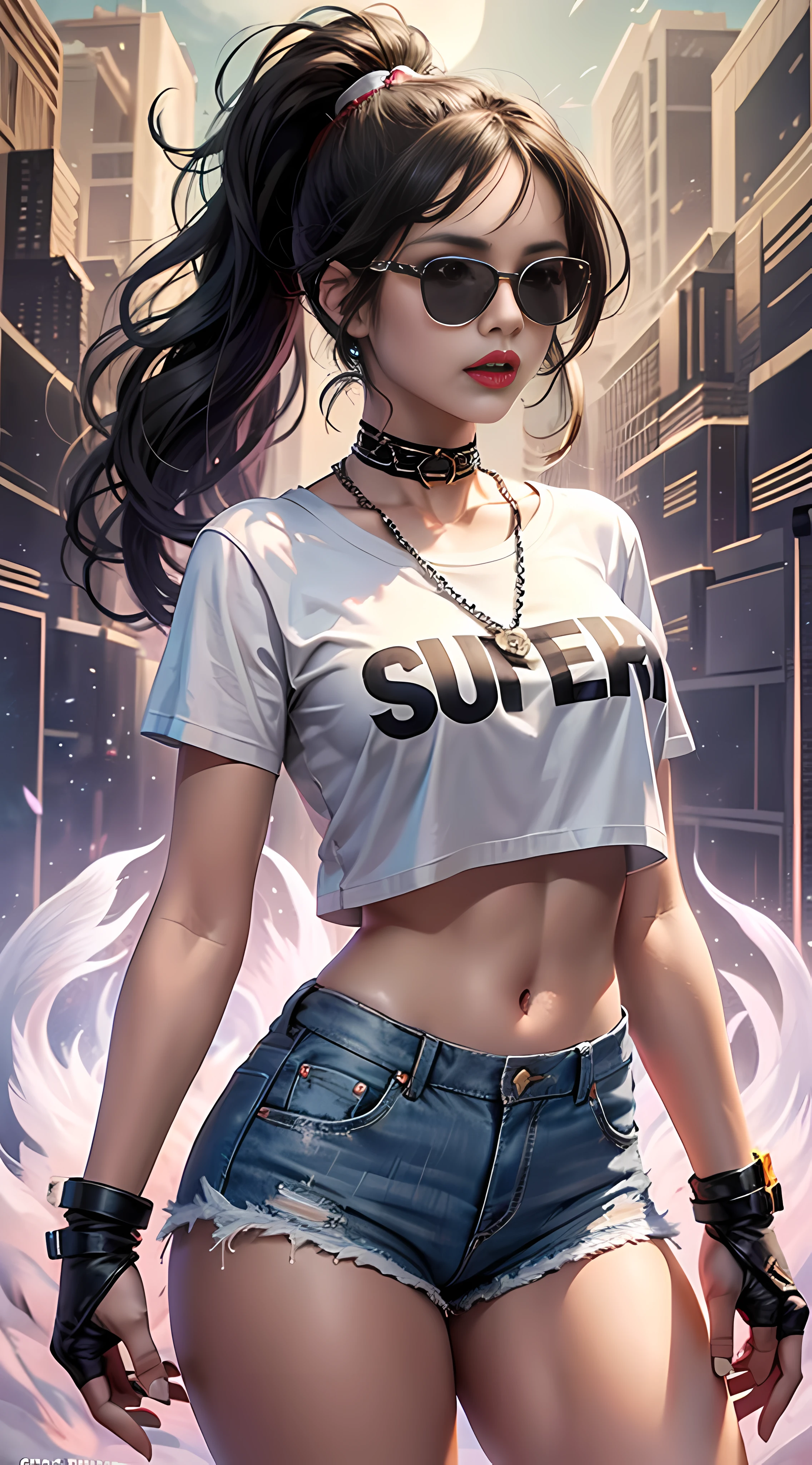 Ultra high quality，8K，gal girl，Sexy and feminine, high and cold，Enchanting，The head proportions are perfect，Gray high ponytail，Wear a T-shirt, high-waisted shorts，Flaming red lips，Swan neck，neck chains，the sun is shining wide shot，With sunglasses，Straight teeth