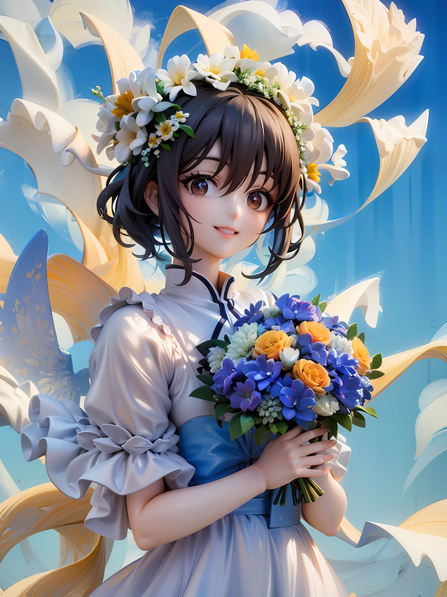 1Girl, black hair, short cut, brown eyes,flower crown, beautiful eyes, smile, happy, white dress, bouquet, holding with both hands, upper body, on grassland, blue sky