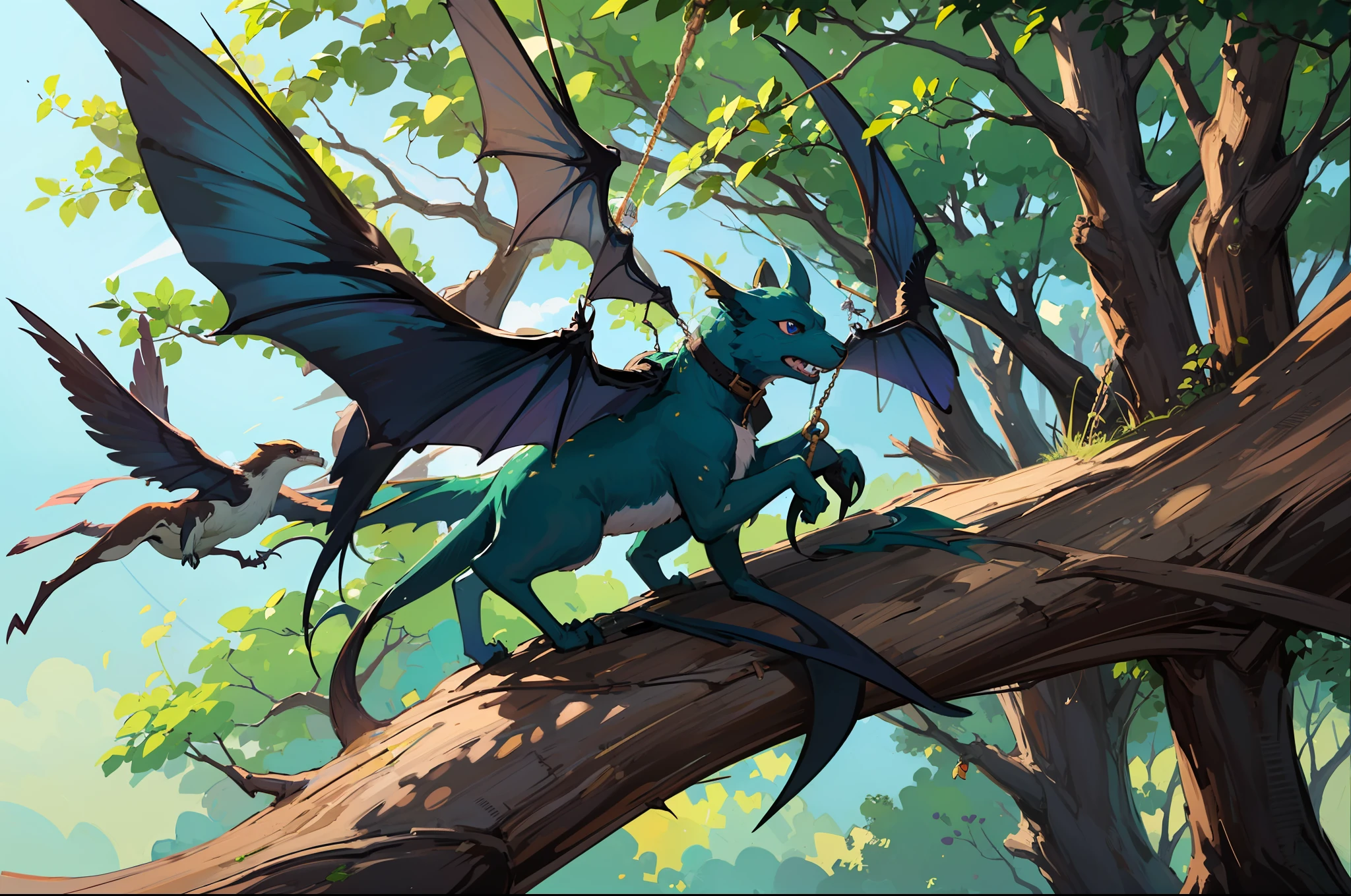 Draco's Training excited discovery, training, fly, small swing, trees, practice, flapping wings, effort, smallness, insufficient strength, lift from the ground, perseverance, friends, fun plan, climbing on Draco's back, attempting to fly together, push, surprise, lift off, incredible feeling. --auto --s2