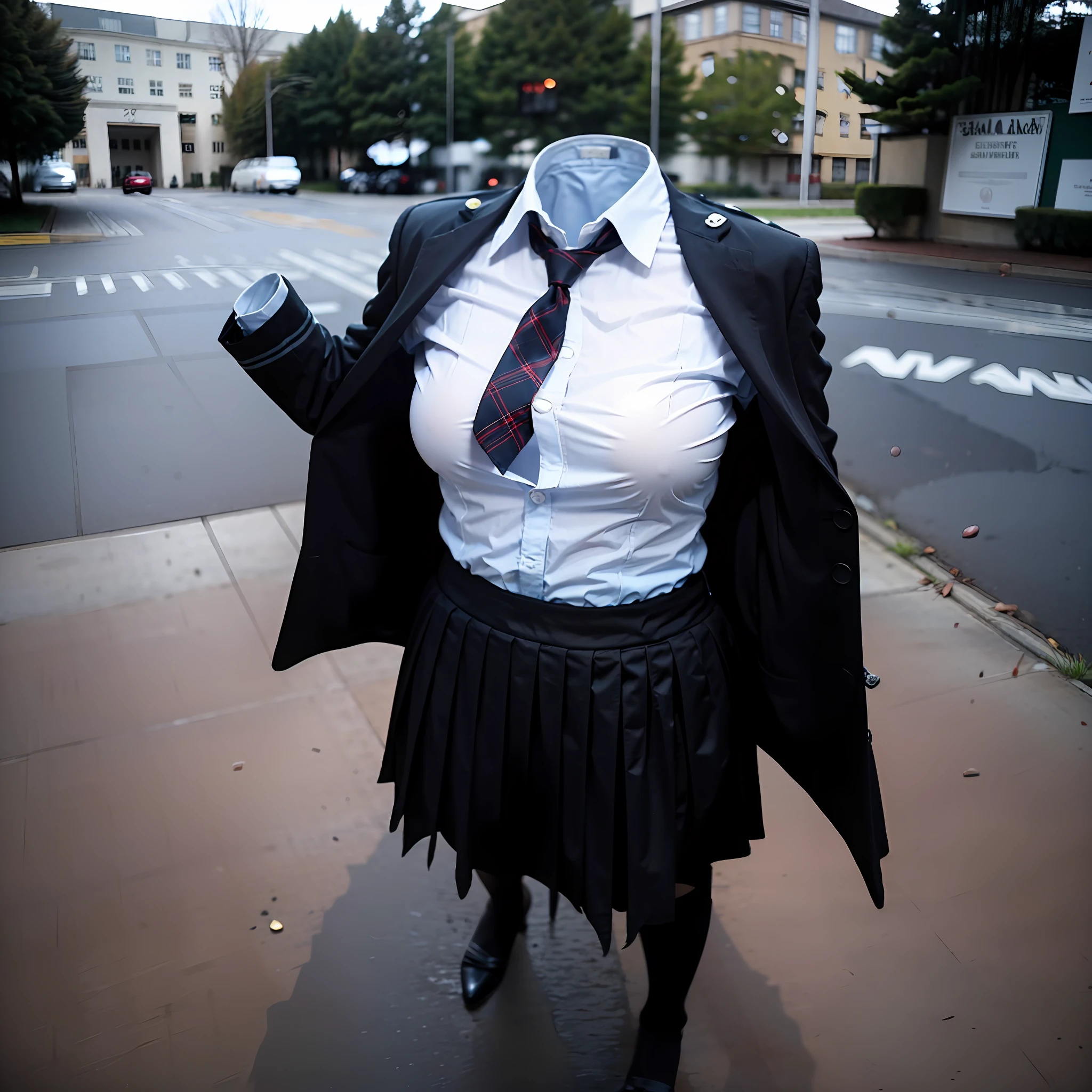 (insanely detailed), (16k), ((no humans)), ((invisible)), ((faceless)), ((headless)), ((empty clothes)), ((huge breasts)), girls' school uniforms swells as if possessed by invisible girls, huge breasts, (school uniforms), (())