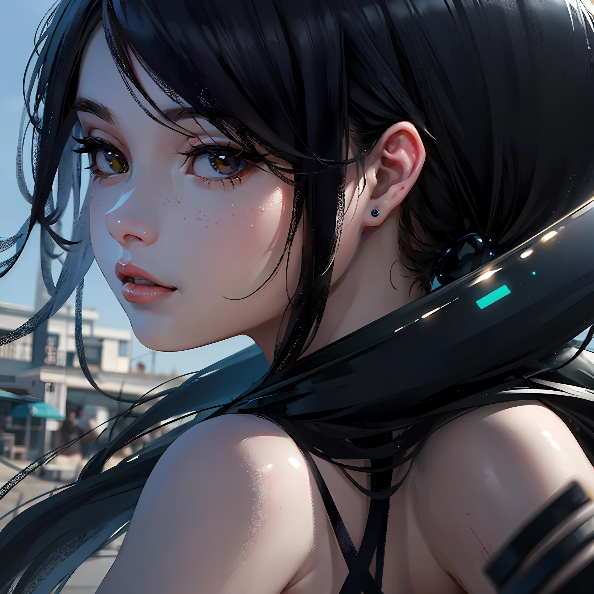 the beach、The dress、(photorealestic:1.4)、(Hyperrealistic:1.4)、(Realstic:1.3)、(Smooth lighting:1.05)、(Improved lighting quality in movies:0.9)、32K、1girls、16 years girl、Realistic lighting、backligt、Facial light、ray trace、(bright lights:1.2)、(increase quality:1.4)、(best quality real texture skin:1.4)、finely eye、finerly detailed face、Fine quality eye、(Anguished look:0.0)、 close up of face shot、T‐shirt、(Boosts the mood of the body line:1.1)、(Increase skin texture beauty:1.1) --auto