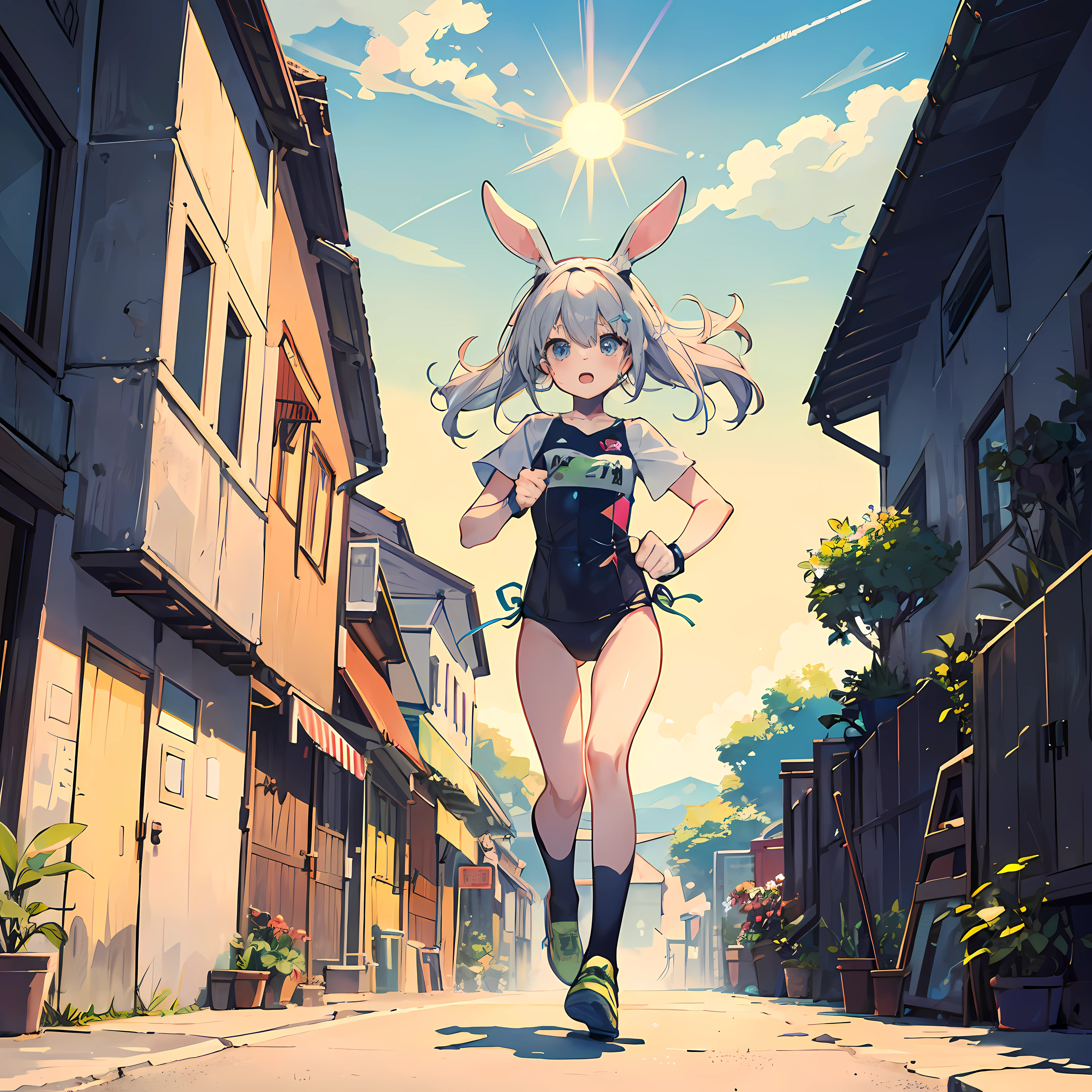 Rabbit-eared girl Run on a cute little frog Horizon roads (((Vents))) The sun is dazzling