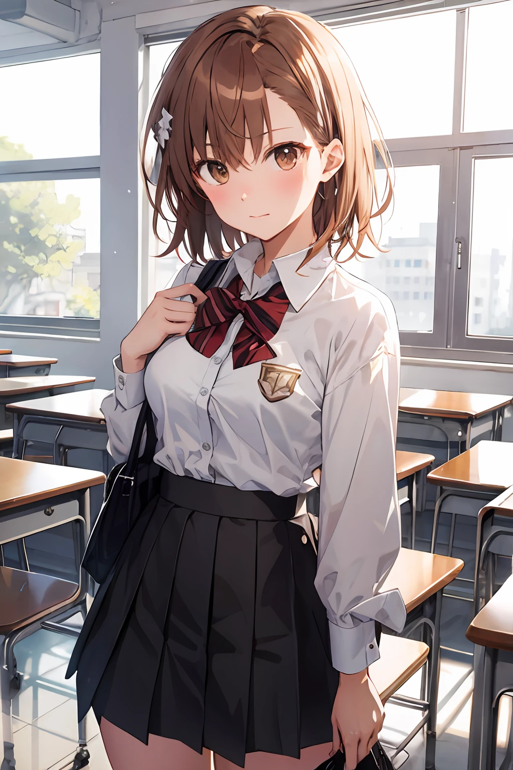 The Masterpiece, best qualiy, Misaka_mikoto, brown eyess, Short_hair, Small_Breast, looking at the viewers, 独奏, Closed_Mouth, collars_Shirt, School_uniform, shirts, whited_Shirt, , class room full bodied miniskirts
