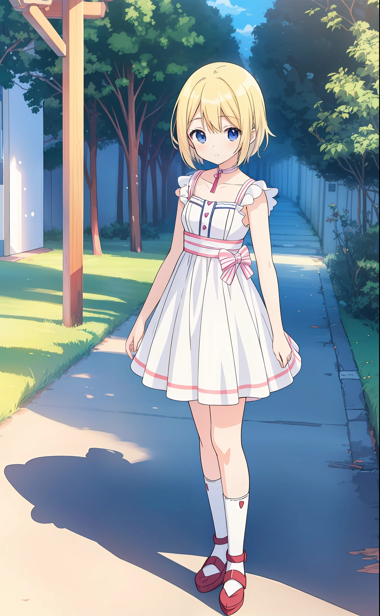 anime girl in a short dress standing on a sidewalk in front of a tree, loli in dress, cute anime waifu in a nice dress, anime moe art style, small curvy loli, Anime visuals of cute girls, Cute Anime Girl, Anime Style. 8K, Smooth Anime CG Art, realistic anime 3 d style, pretty anime girl, realistic young anime girl