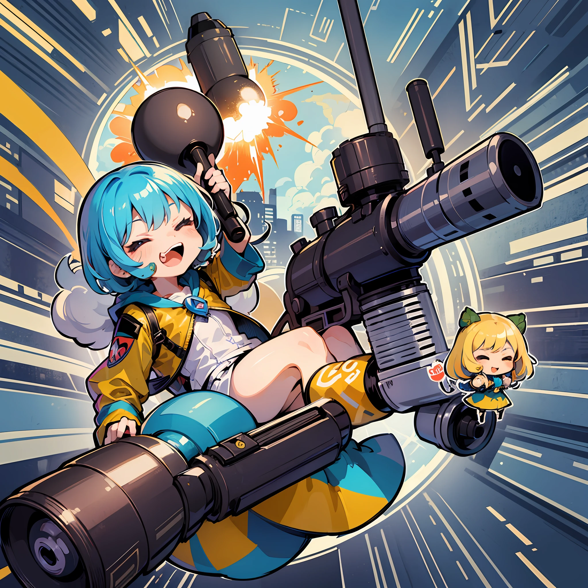 ((sticker:1.5)))、((Chibi Chara))、(rocket launcher)、Fluffy、The girls、The city explodes、Strong perm、Blow up the city、Pose hitting rocket launcher、Chibi Chara、full bodied、pastel-colored hair、Fairy tale、Fantastical、masterpiece、best qualiy、high picture quality