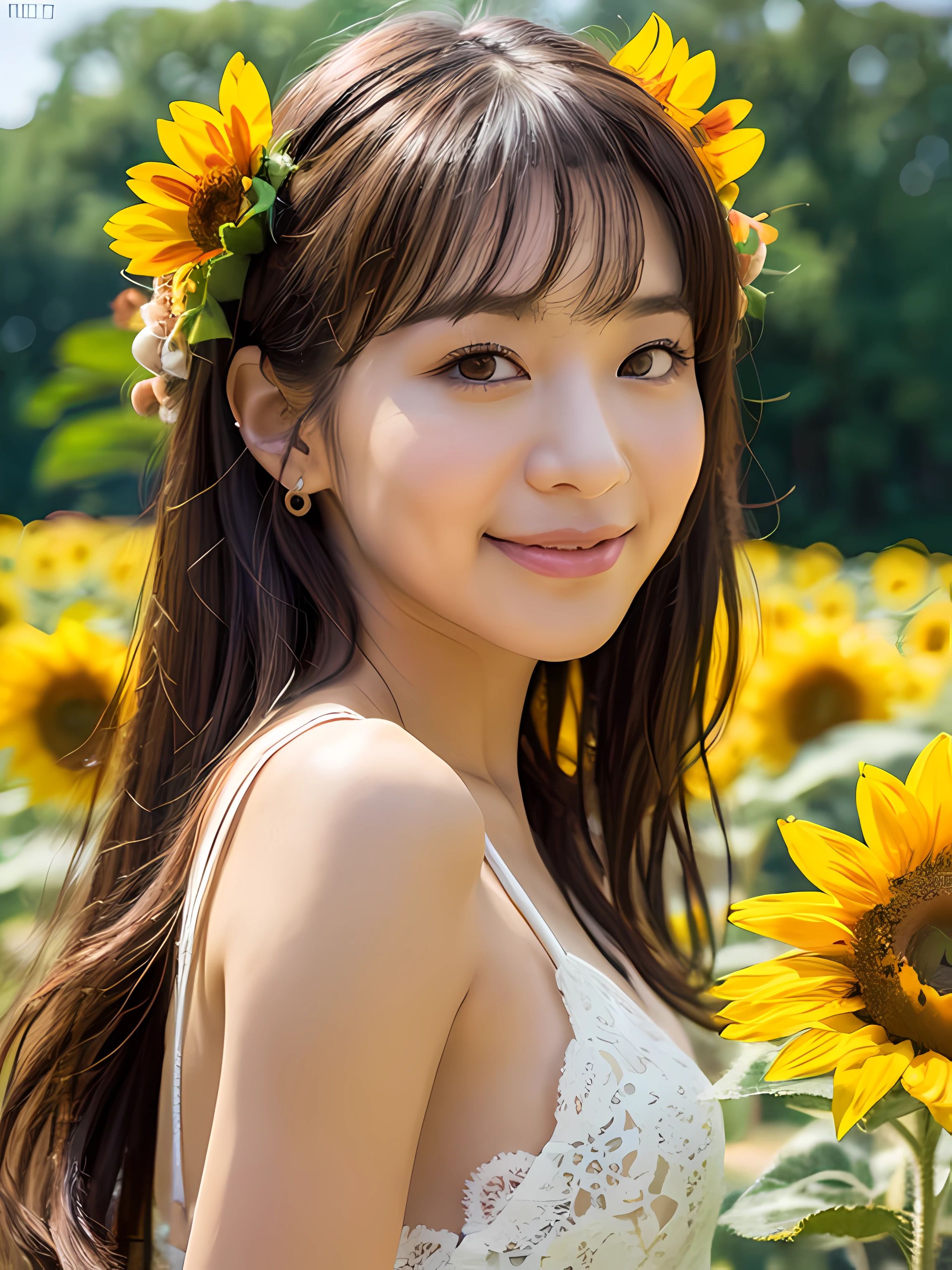 (best quality, masterpiece:1.2),ultra detailed,(photo realistic:1.4),solo,cute girl,20yo,lite smile,one-piece dress,sunflower_background,