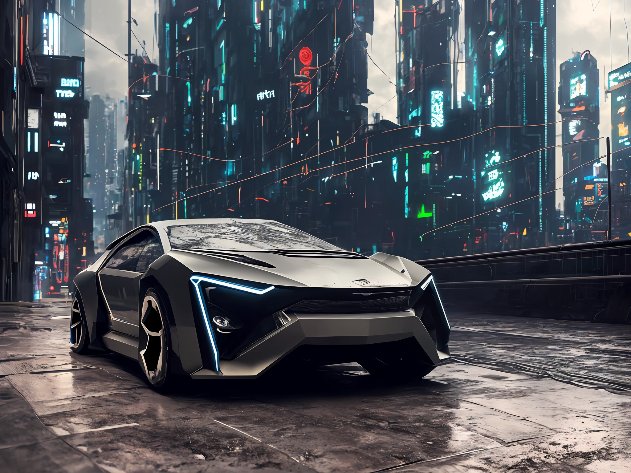 dark photo of single futuristic Metallic texture cyberpunk flying car with futuristic cyberpunk landscape, cinematic concept art,cyberpunk color, masterpiece, rainy day, ray tracking, RTX, intricate, 3d, highly detailed, trending on artstation, 4k,extremely high details, ultra hd, hdr, 8k, extremely high details