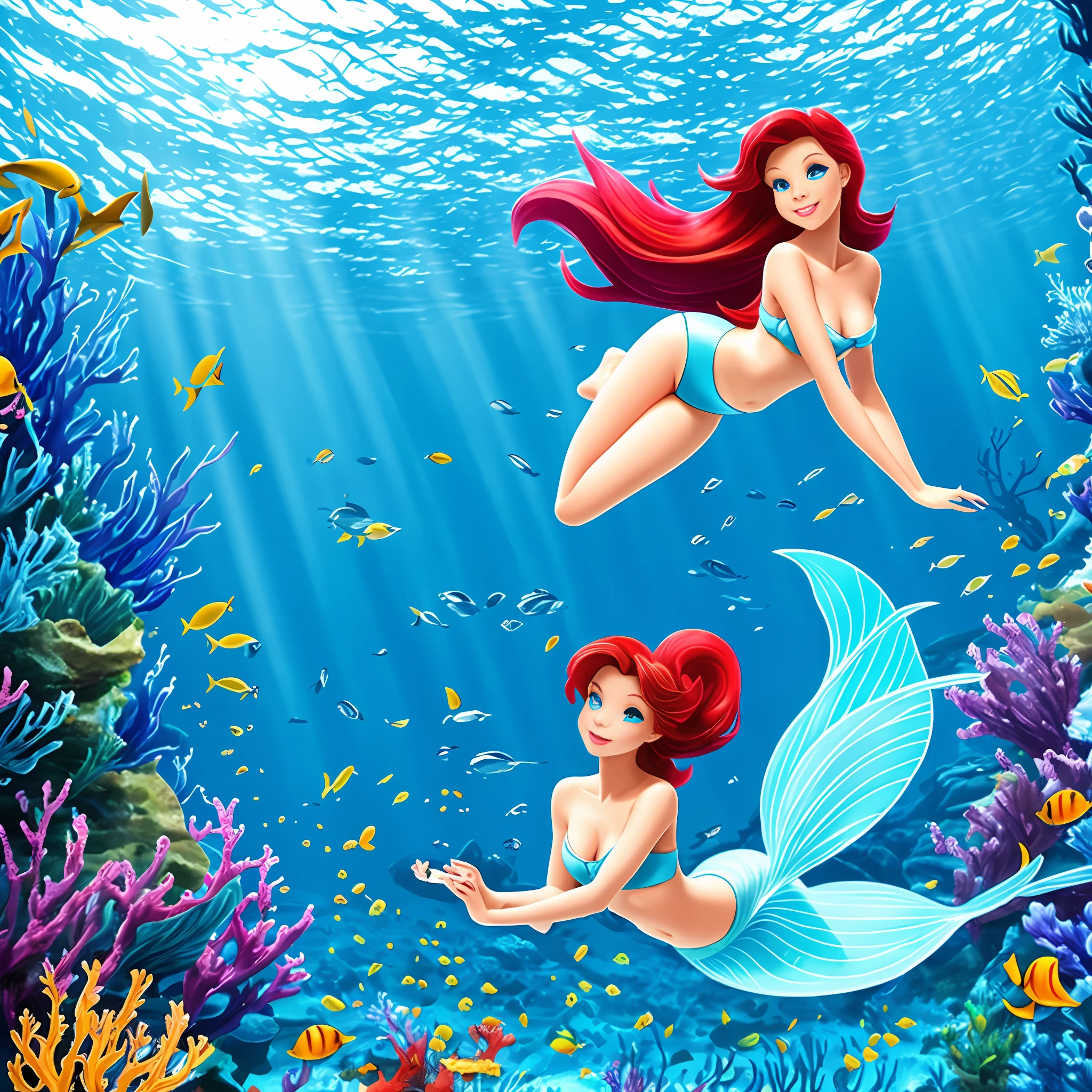 Photograph of the sea, Beautiful sea life, The Little Mermaid, Orange hair, Nose, The Little Mermaid with a pretty face, sea background, The Little Mermaid looks a little more fun, --auto