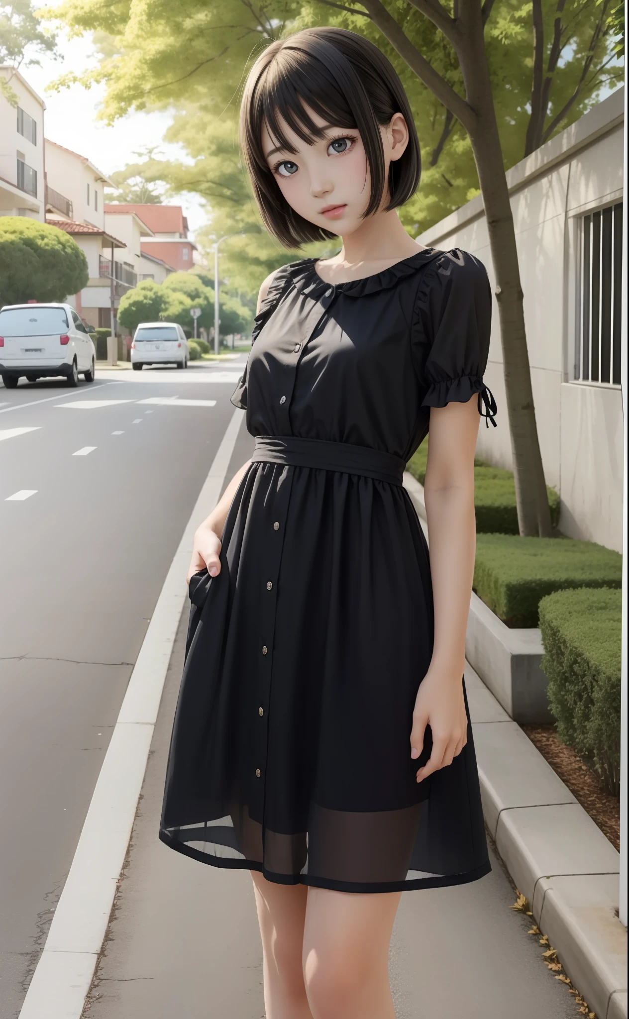 anime girl in a short dress standing on a sidewalk in front of a tree, in dress, cute anime waifu in a nice dress, anime moe art style, small curvy loliime visuals of cute girls, Cute Anime Girl, Anime Style. 8K, Smooth Anime CG Art, realistic anime 3 d style, pretty anime girl, realistic young anime girl