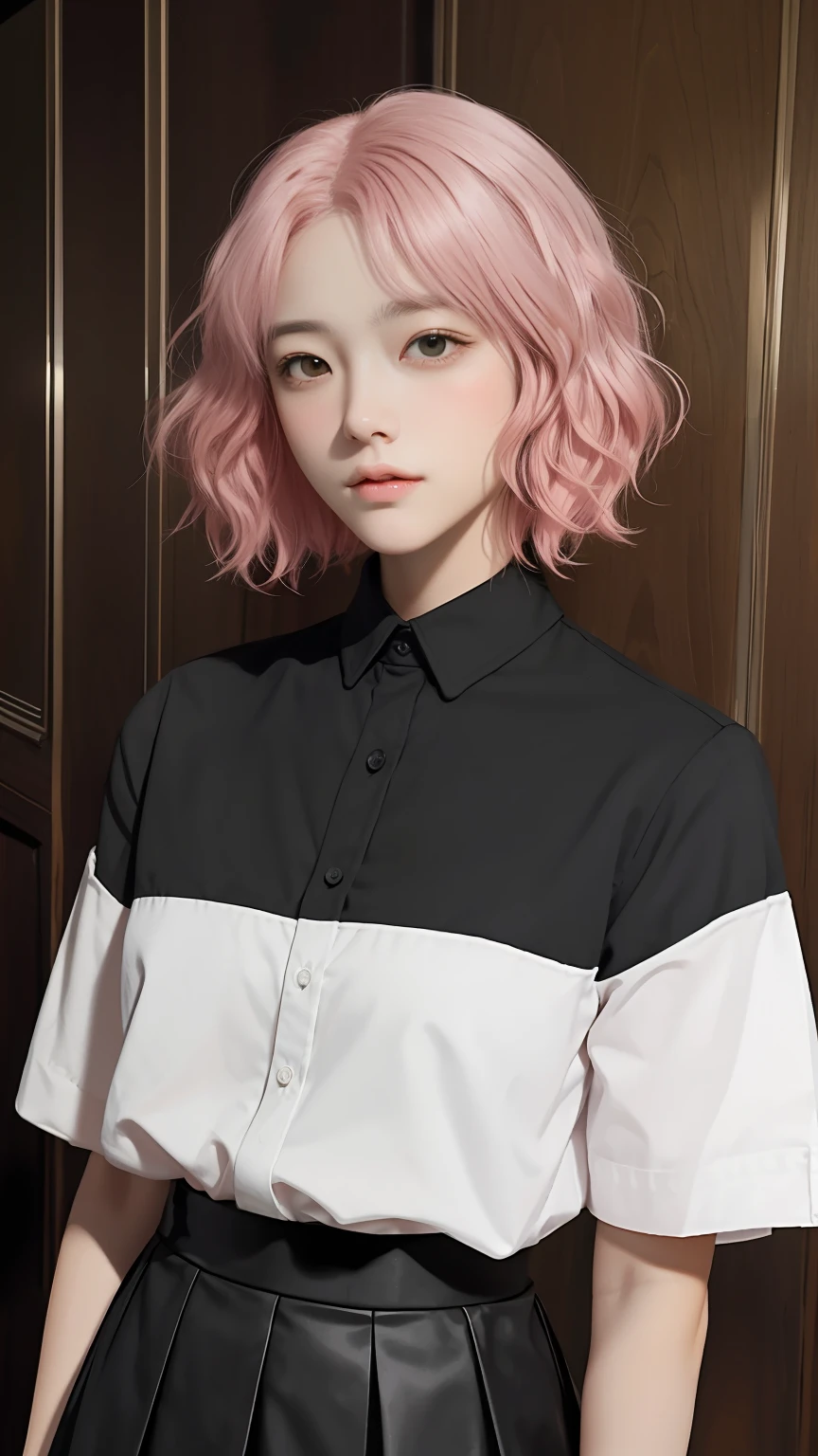 A woman with short wavy pink hair, portrait by Yumihiko Amano, featured on cgsociety, pre-raphaelitismn androgynous, with a black shirt and black skirt
