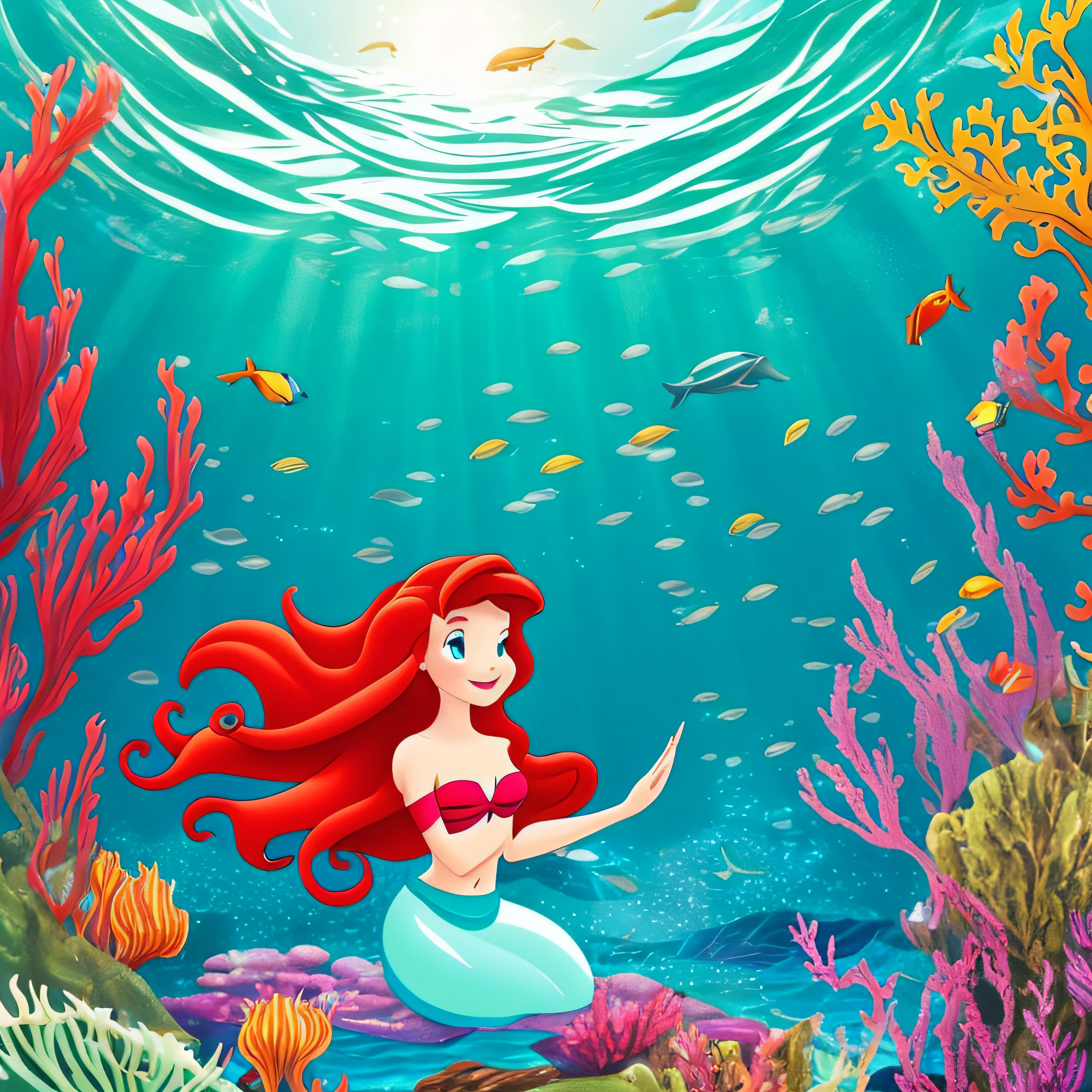 It's The Little Mermaid, ariel, animation, The Little Mermaid swimming in the sea, Orange hair, pretty face, Nose, Beautiful sea background, Animation --auto