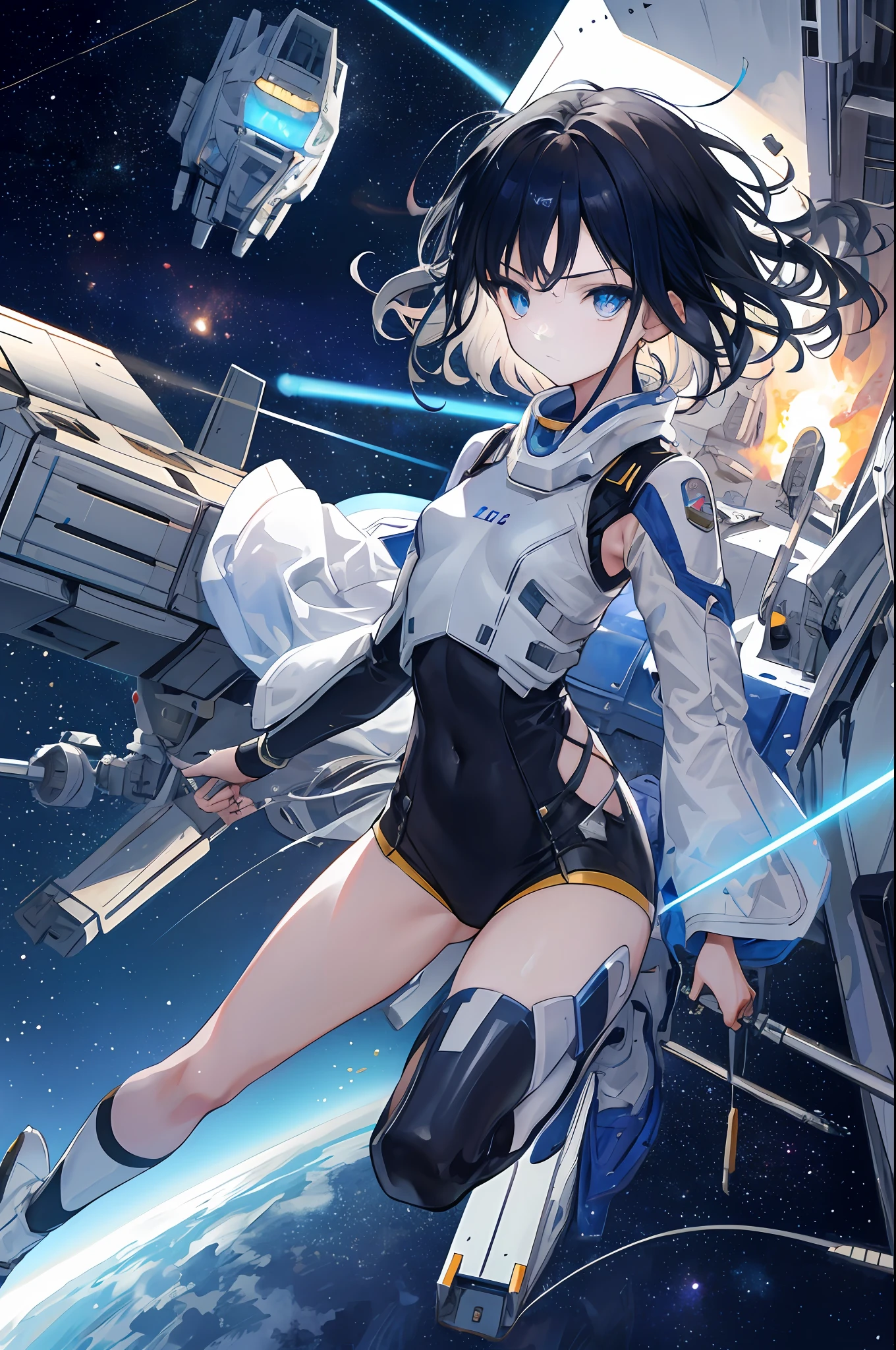 Masterpiece, (best lighting, very delicate and beautiful), (beautiful detailed face), (detailed eyes and detailed face: 1.2), highest quality, ultra-high resolution, ultra-luxury illustration, fantasy art, one girl, 15 years old, slim full body, small, black hair, interstellar fighter like glass, dynamic angle, long shot, many space battleships, space war, interstellar war, Beams, starwars, colorful rays, explosions, stars, galaxies with aerial lights