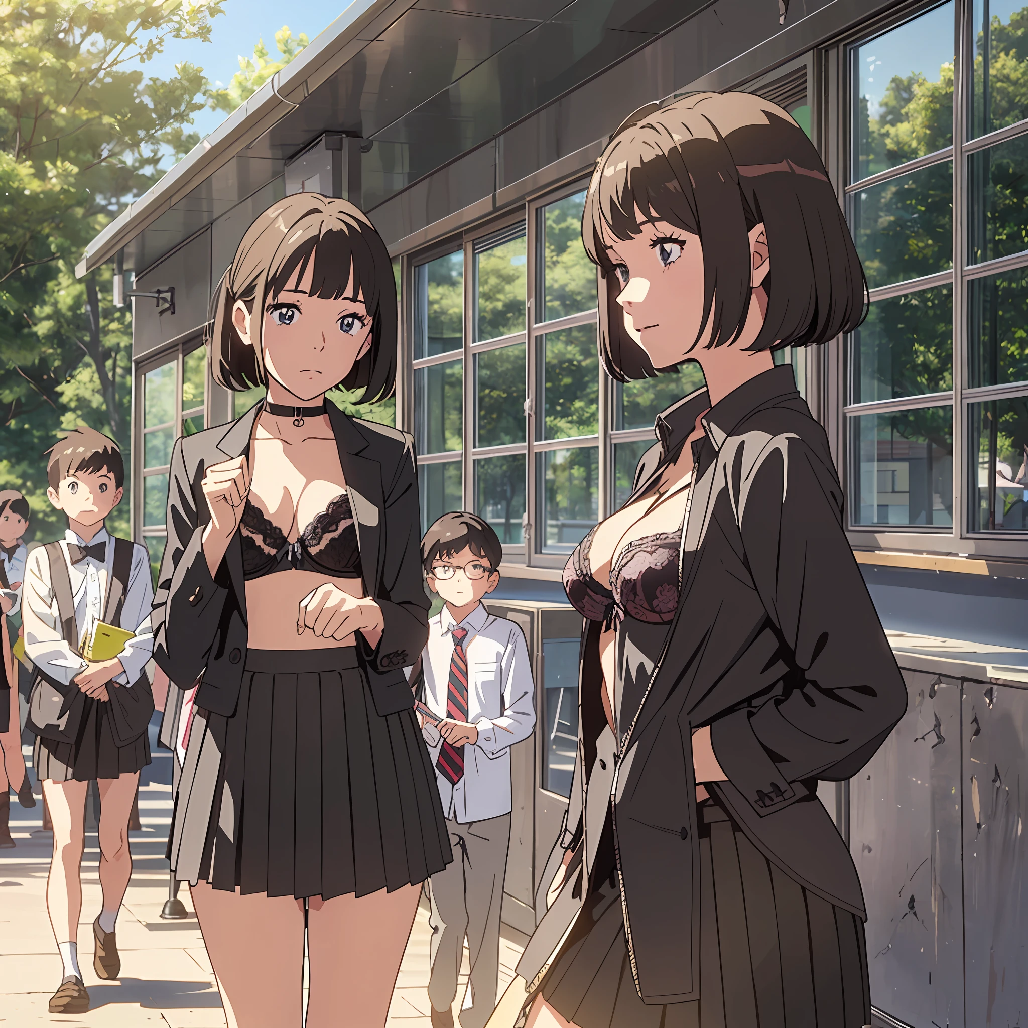 (((((incredibly ridiculous)))), ((absurd)), anime style, (one adult female teacher and three s),Standing together in the park,One female teacher and three male elementary school students are together,((Female teacher in lingerie)),((Pante)),((Bra))), lingerie, Three Boys Elementary School Students Dress Casually, (Large Buttocks:1.2),Bob Cut, Natural Lighting,(Female Teacher No Skirt),(Female Teacher No Blouse), --auto --s2