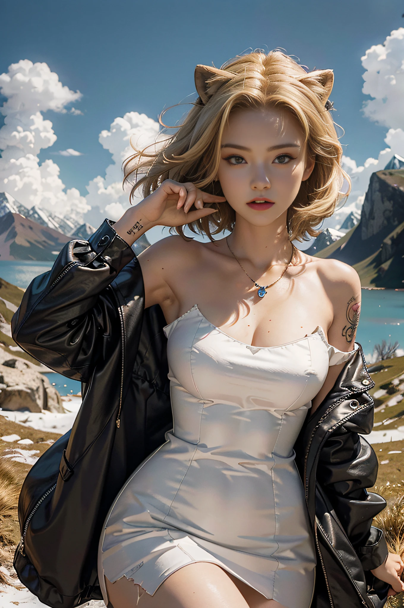 (hyperrealistic), (illustration), (high resolution), (8K), (extremely detailed), (best illustration), (beautiful detailed eyes), (best quality), (ultra detailed), (masterpiece), (wallpaper), (detailed face), solo, (dynamic pose), 1girl, trench coat, off-the-shoulder, mountain top, dusk, short blonde hair, broken hair, necklace, fangs, tattoo, tail, lioness, ankle ring