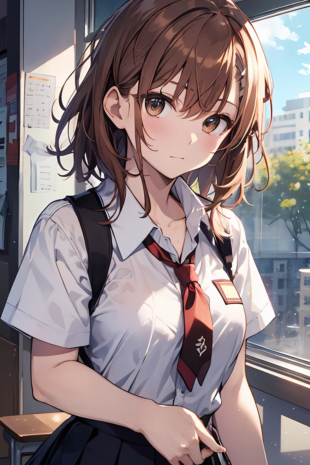 The Masterpiece, best qualiy, Misaka_mikoto, brown eyess, Short_hair, Small_Breast, looking at the viewers, 独奏, Closed_Mouth, collars_Shirt, School_uniform, shirts, whited_Shirt, , class room full bodied miniskirts