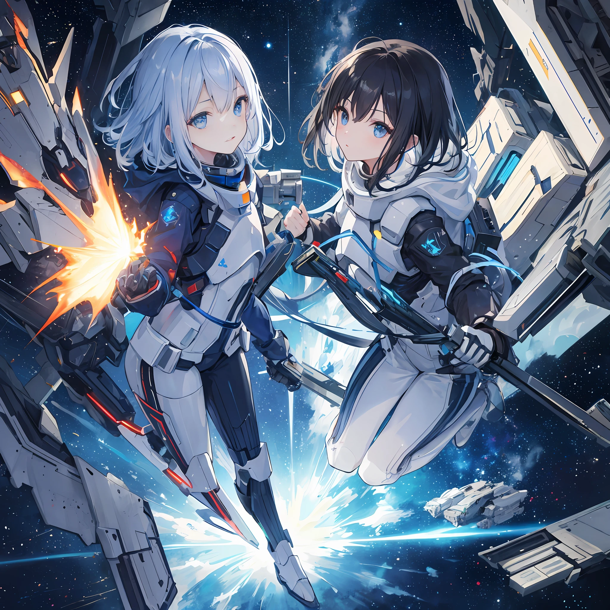 Masterpiece, (best lighting, very delicate and beautiful), (beautiful detailed face), (detailed eyes and detailed face: 1.2), highest quality, ultra-high resolution, ultra-luxury illustration, fantasy art, one girl, 15 years old, slim full body, small, black hair, interstellar fighter like glass, dynamic angle, long shot, many space battleships, space war, interstellar war, Beams, starwars, colorful rays, explosions, stars, galaxies with aerial lights
