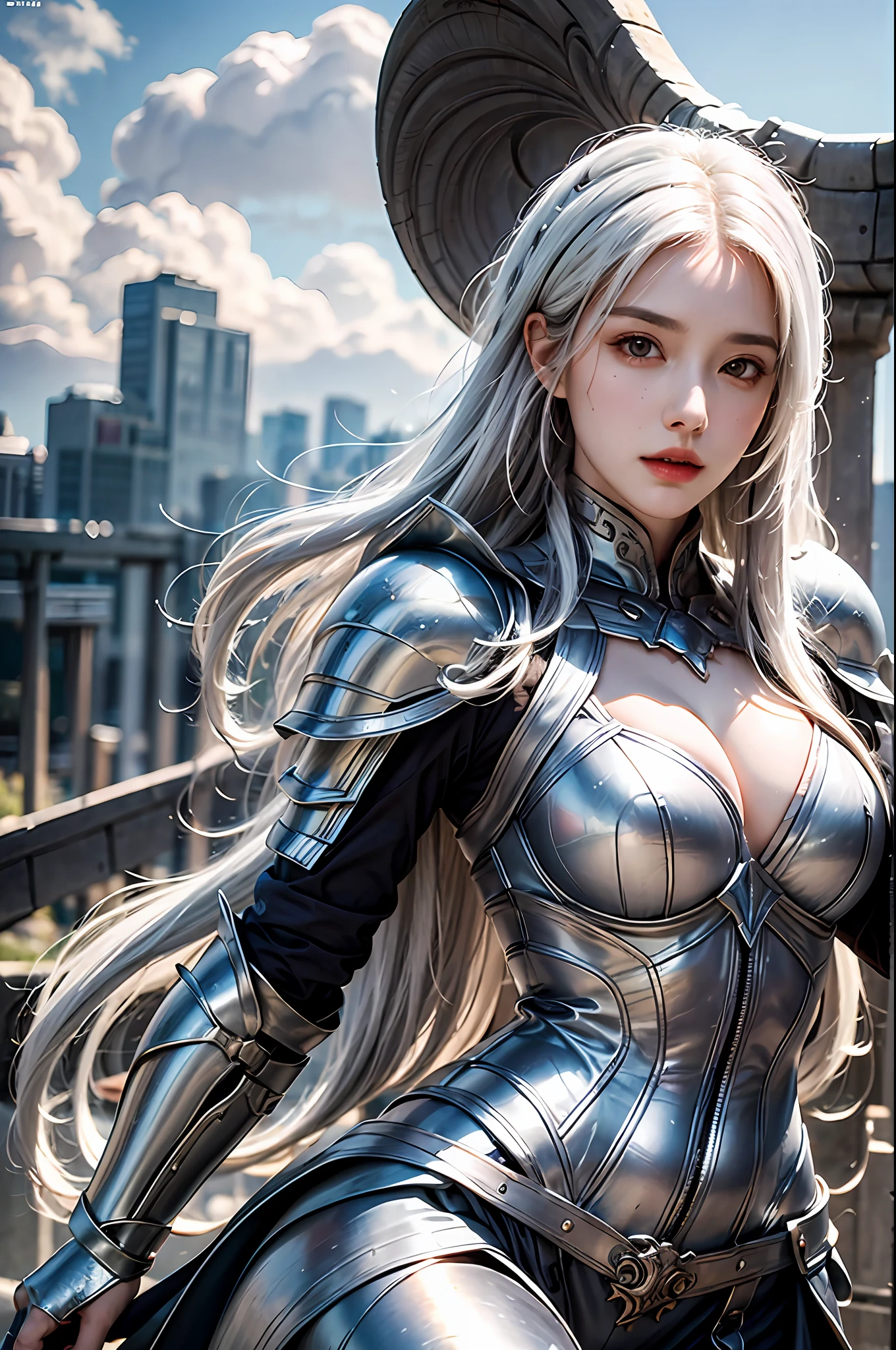 best quality, masterpiece, ultra-detailed, detailed light, (RAW photo:1.2), (photorealistic:1.4),(masterpiece:1.3),(best quality:1.4) 1girl, detailed face, solo, hips up, long hair, white hair, sky, dress, armor, cloud, full armor, metal armor