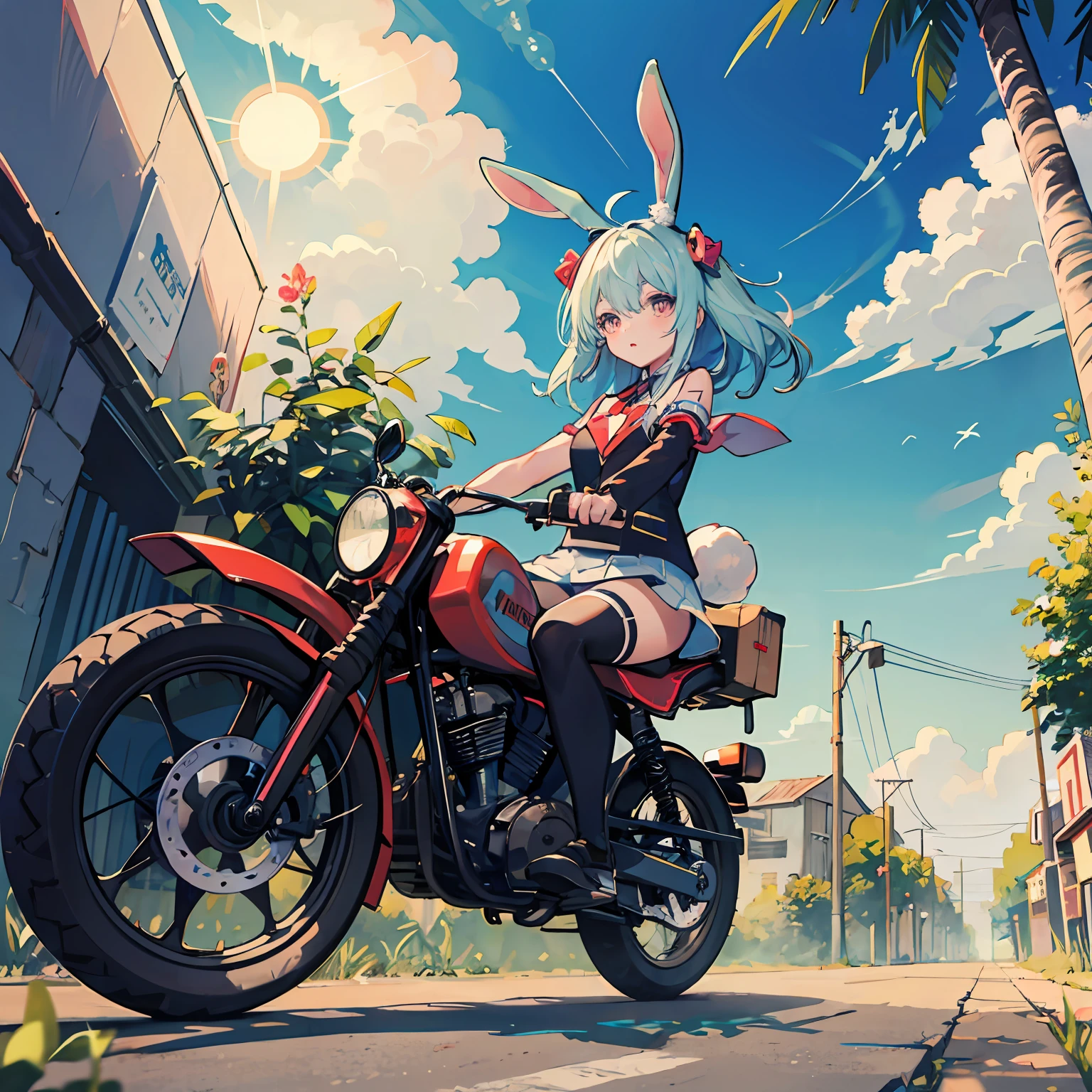 Rabbit-eared girl　Riding a cute little frog robot　Horizon　Country street　　The sun is dazzling