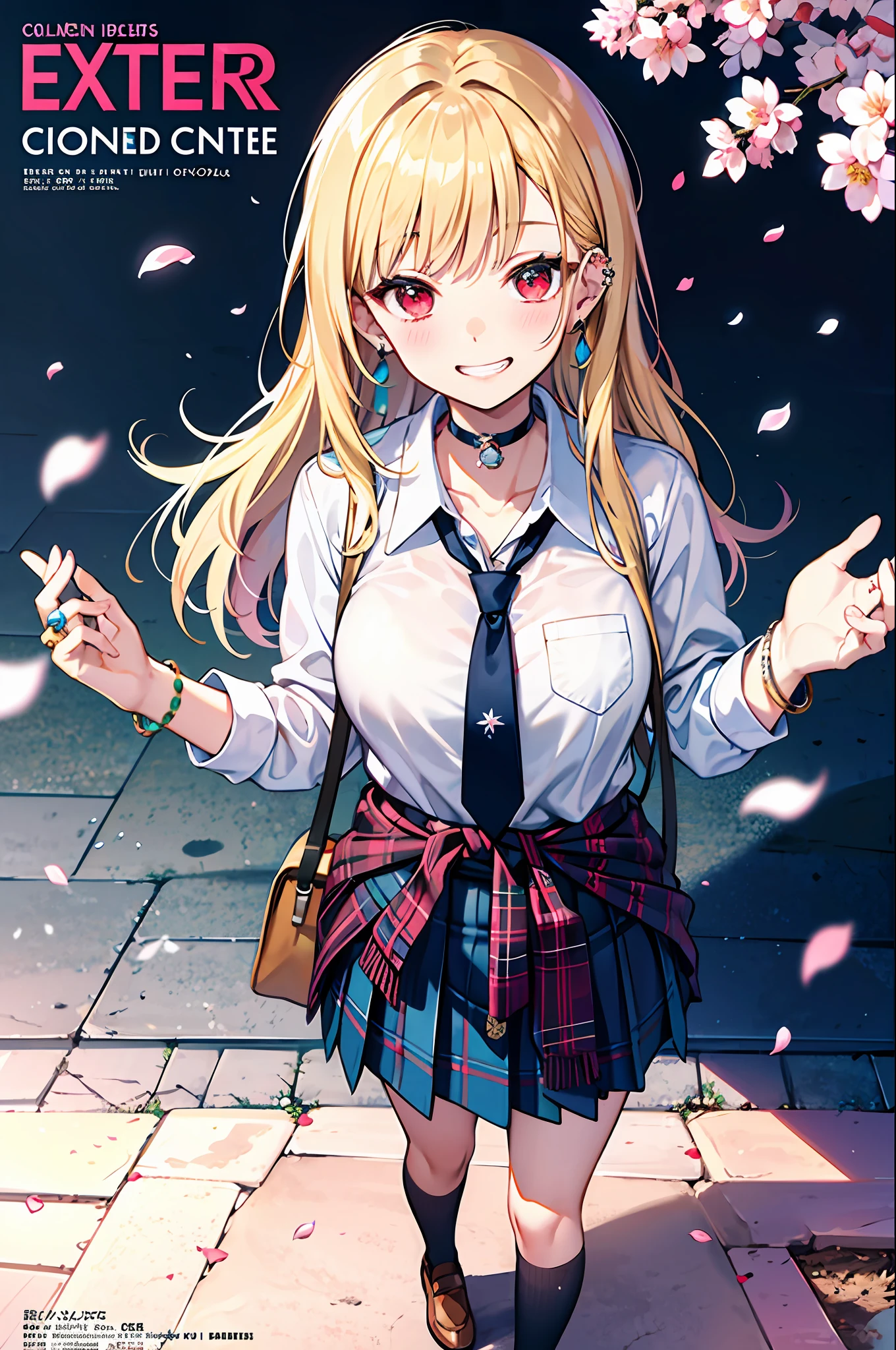 masterpiece, best quality, full body, 1girl, bangs, black choker, black necktie, blonde hair, blue skirt, blush, bracelet, breasts, choker, clothes around waist, collarbone, collared shirt, cowboy shot, dress shirt, ear piercing, eyebrows visible through hair, gradient hair, grin, gyaru, jewelry, kogal, long hair, looking at viewer, loose necktie, necktie, piercing, plaid, plaid skirt, pleated skirt, red eyes, ring, school uniform, shirt, skirt, smile, solo, white shirt, street, sky, cherry blossoms, petals,illustration, (magazine:1.3), (cover-style:1.3), fashionable, woman, vibrant, outfit, posing, front, colorful, dynamic, background, elements, confident, expression, holding, statement, accessory, majestic, coiled, around, touch, scene, text, cover, bold, attention-grabbing, title, stylish, font, catchy, headline, larger, striking, modern, trendy, focus, fashion,