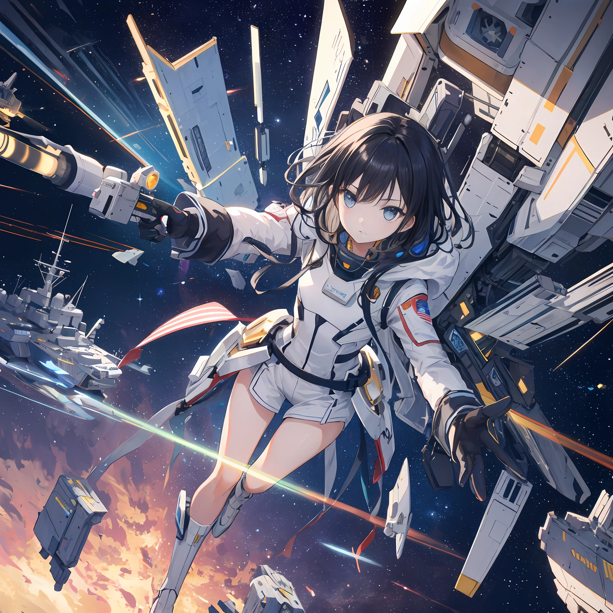 Masterpiece, (best lighting, very delicate and beautiful), (beautiful detailed face), (detailed eyes and detailed face: 1.2), highest quality, ultra-high resolution, ultra-luxury illustration, fantasy art, one girl, 15 years old, slim full body, small, black hair, interstellar fighter like glass, dynamic angle, long shot, many space battleships, space war, interstellar war, Beams, colorful rays, explosions, stars and galaxies with lights in the air