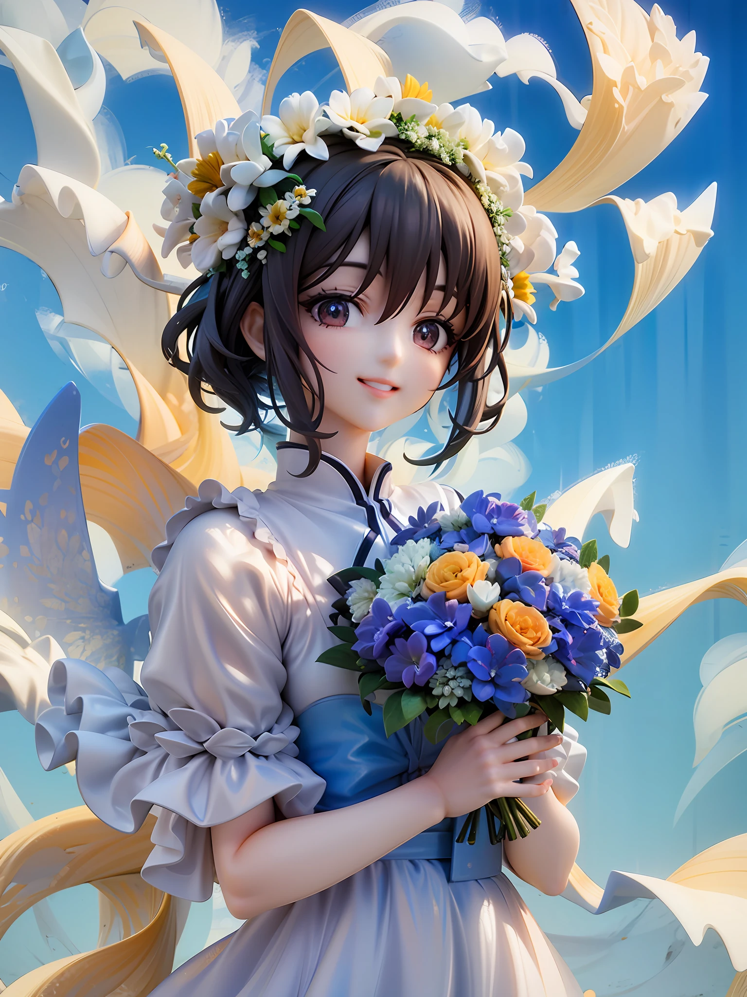 1Girl, black hair, short cut, brown eyes,flower crown, beautiful eyes, smile, happy, white dress, bouquet, holding with both hands, upper body, on grassland, blue sky