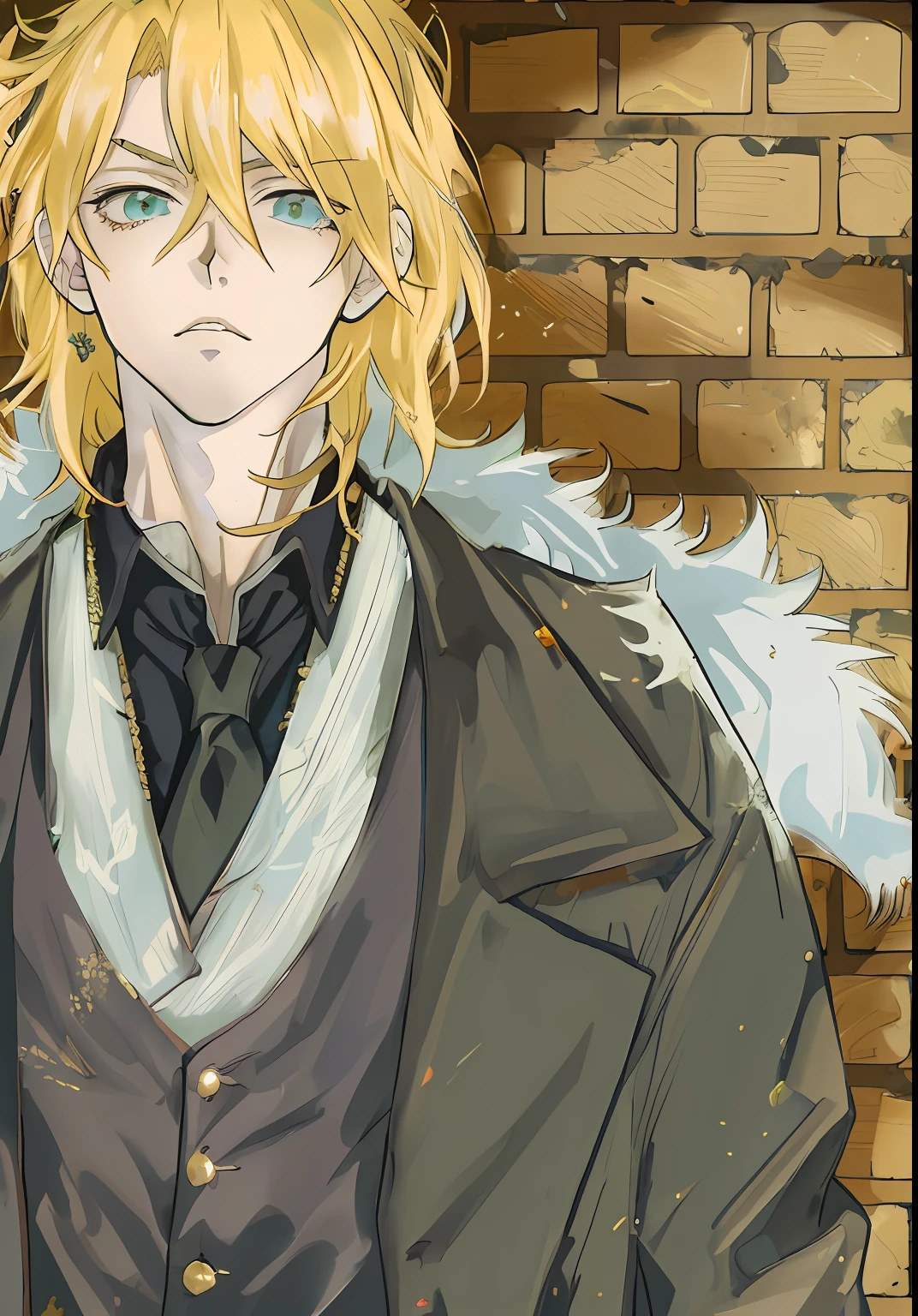anime image of a blonde haired man in a black suit and tie, ((wearing aristocrat robe)), ( ( wearing a long coat ) ), style of anime》, inspired by Okumura Masanobu, inspired by Tetsugoro Yorozu, inspired by Sakai Hōitsu, dio brando, inspired by Yamagata Hiro, Male anime style