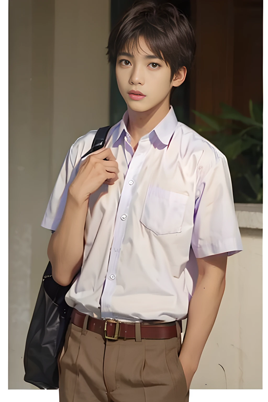 Handsome teenager Hidenori Goto Male Short Hair ,1boy, ,MATHAYOMKHAKI WHITE SHIRT BROWN SHORT PANT