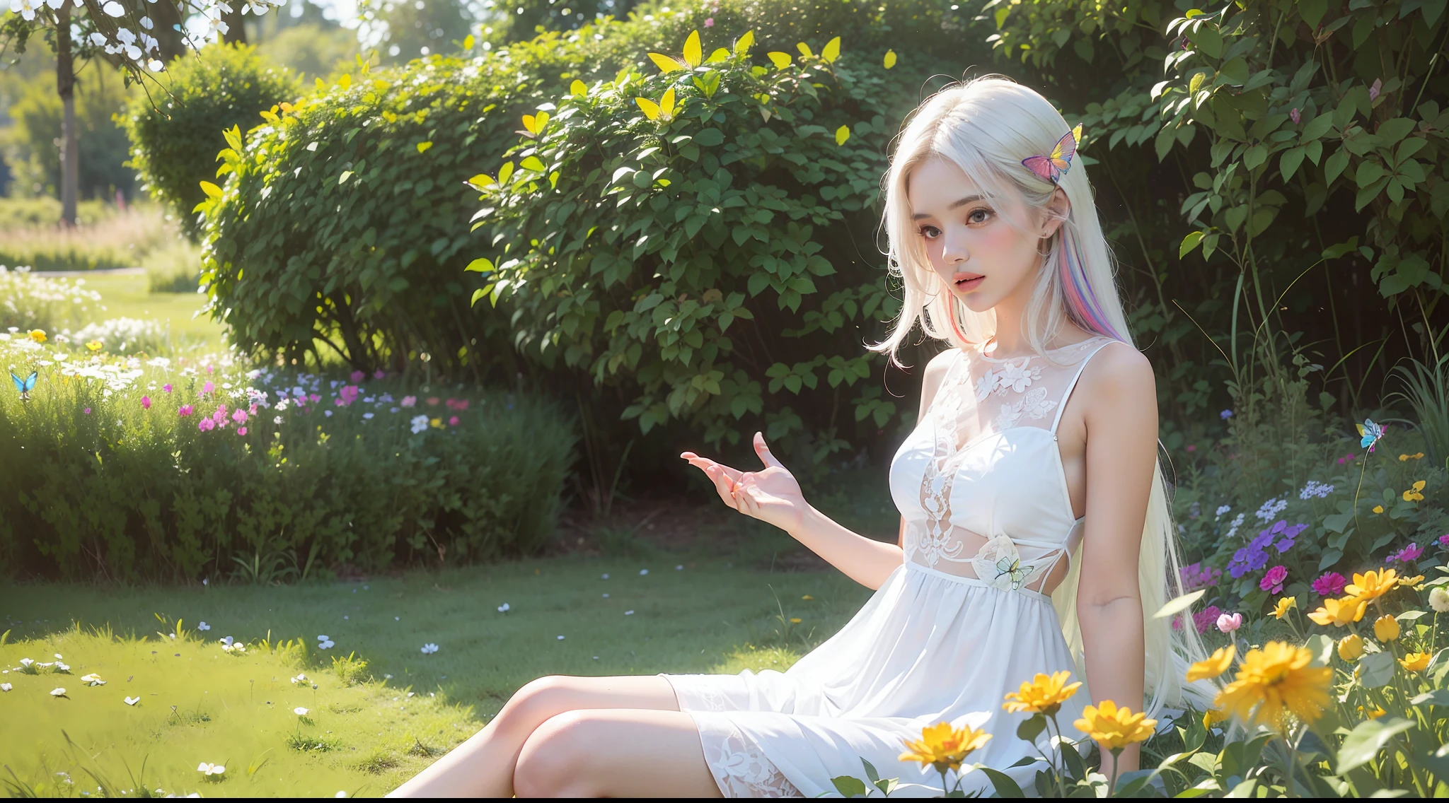 (obra maestra, mejor calidad), 1 girl with long white hair sitting in a field of green plants and flowers, con la mano debajo de la barbilla, warm lighting, vestido blanco, primer plano borroso, ((mariposas multicolores alrededor))