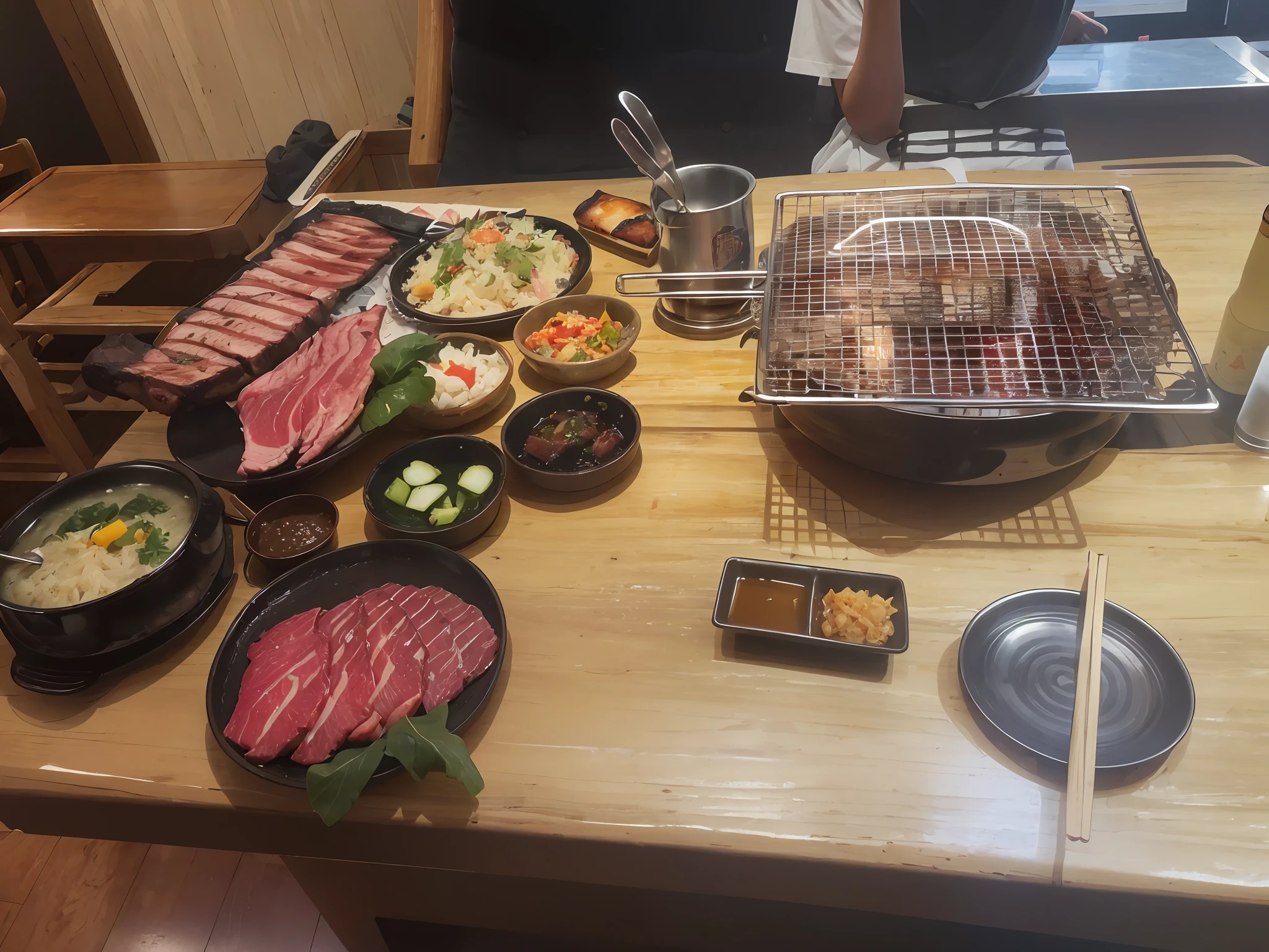 arafed steaks and other foods are on a table with a grill, korean supper, barbecue, BBQ, very tasty, ready to eat, taken with sony alpha 9, cooked, the table is full of food, Beautiful sunny day, delicacy, in kimono, taken with sony a7r camera