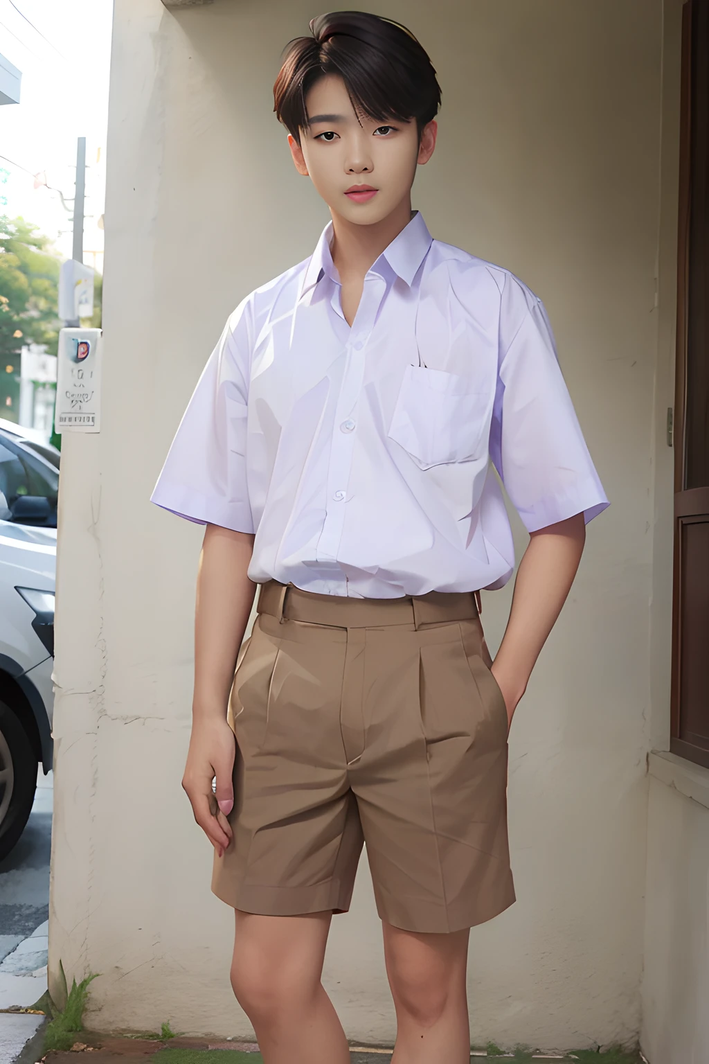 Handsome teenager Male Short Hair ,1boy, ,MATHAYOMKHAKI WHITE SHIRT BROWN SHORT PANT