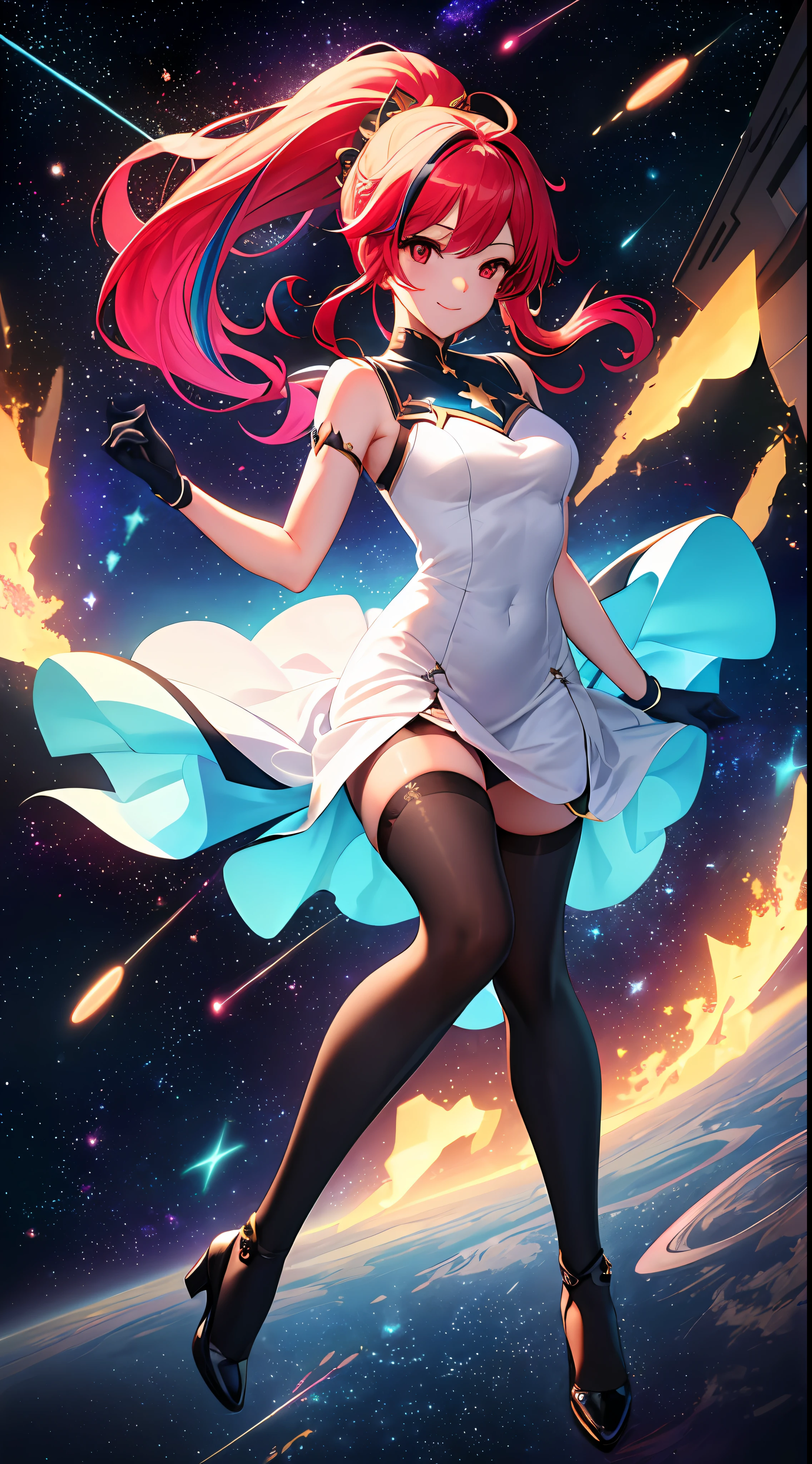 ((masterpiece)), ((best quality)), best shadow, an extremely delicate and beautiful, dynamic angle, finely detail, depth of field, 1girl, ((high ponytail)), [blonde|blue|pink]_hair, ((multicolored hair:1.25), (long hair:1.2), (red eyes:1.3), detailed hands, detailed legs, ((floating in space:1.3)), (sexy poses), (goddess dress:1.5), full body, seductive, light smile, ((in the space)), (moonlight), glinting stars, night, outdoor, starry sky, beautiful, ((black stockings))