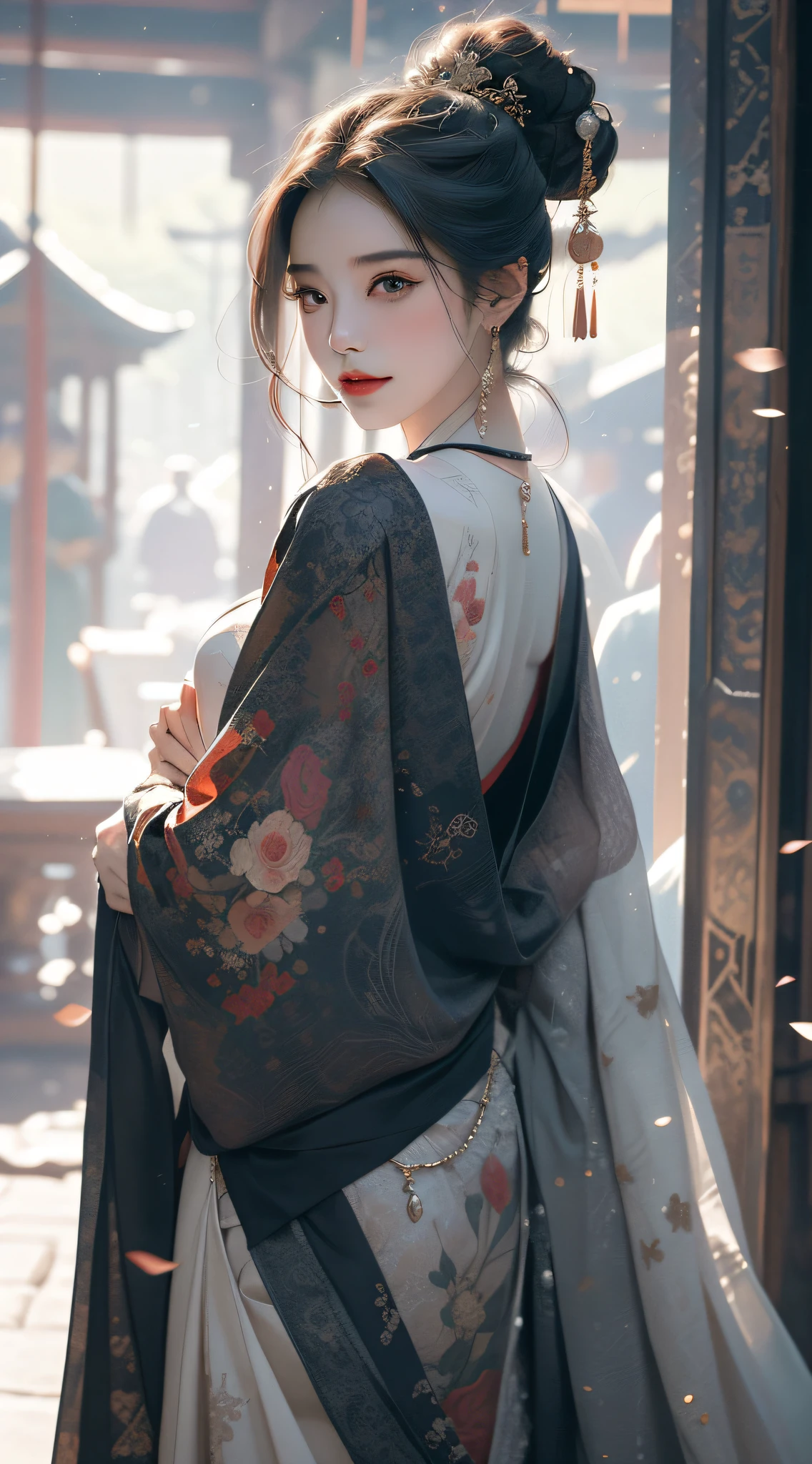 To be or not to be，It's a question official art，统一 8k 壁纸，hyper detailed，Beauty and aesthetics，The Masterpiece，best qulity，Lifelike，（zentangle，a Mandala，Tangles，entangled），Medieval Tang Dynasty beauty，Complex clothes，hime cut, Black hair, upturned eyes, pupils sparkling, long eyelash，seductive smile，Extremely-Detailed，dynamicangle，The most beautiful form of chaos，elegantly，Fauvistdesign，bright color，Romanticism zhongfenghua