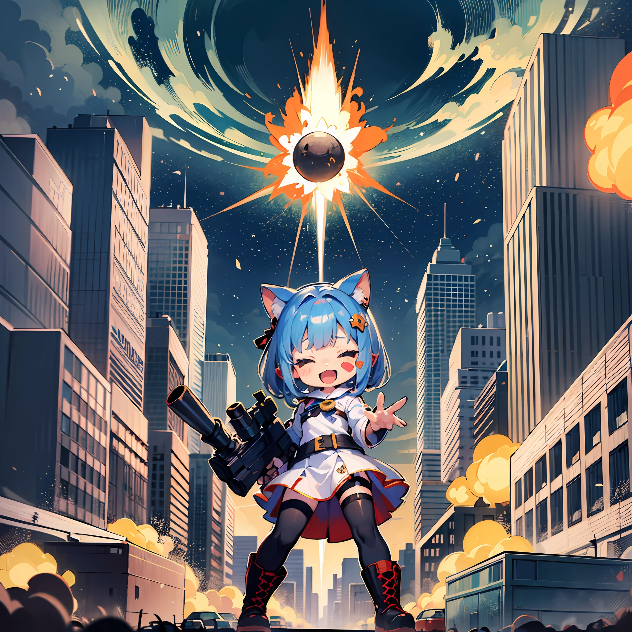 ((sticker:1.5)))、((Chibi Chara))、(rocket launcher)、Fluffy、The girls、The city explodes、Strong perm、Blow up the city、Pose hitting rocket launcher、Chibi Chara、full bodied、pastel-colored hair、Fairy tale、Fantastical、masterpiece、best qualiy、high picture quality