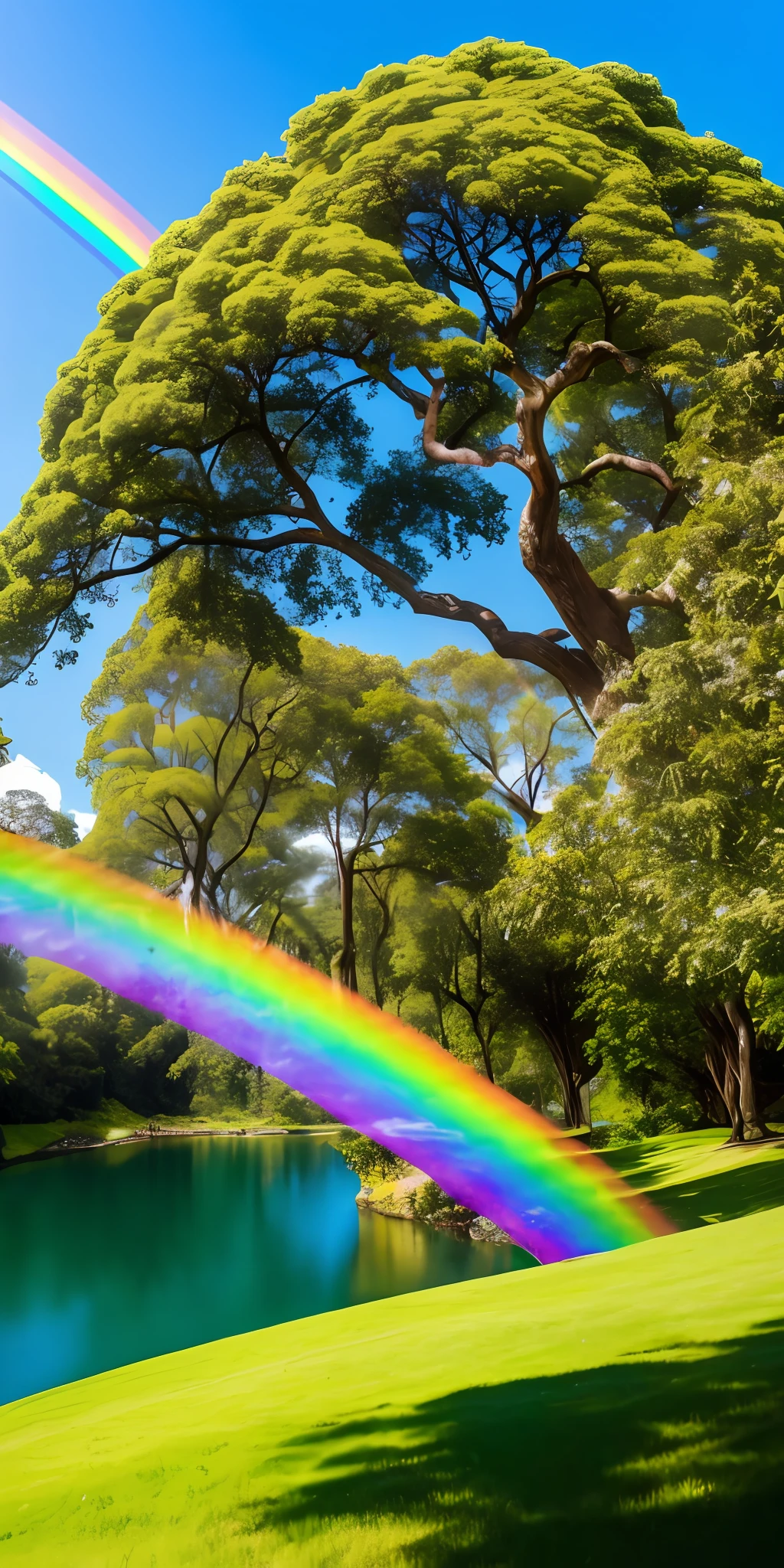 A sunny day with a beautiful rainbow, muitas arvores ,esquilos felizes ,criancas bonitas de chiquinha ,um castelo , um lago