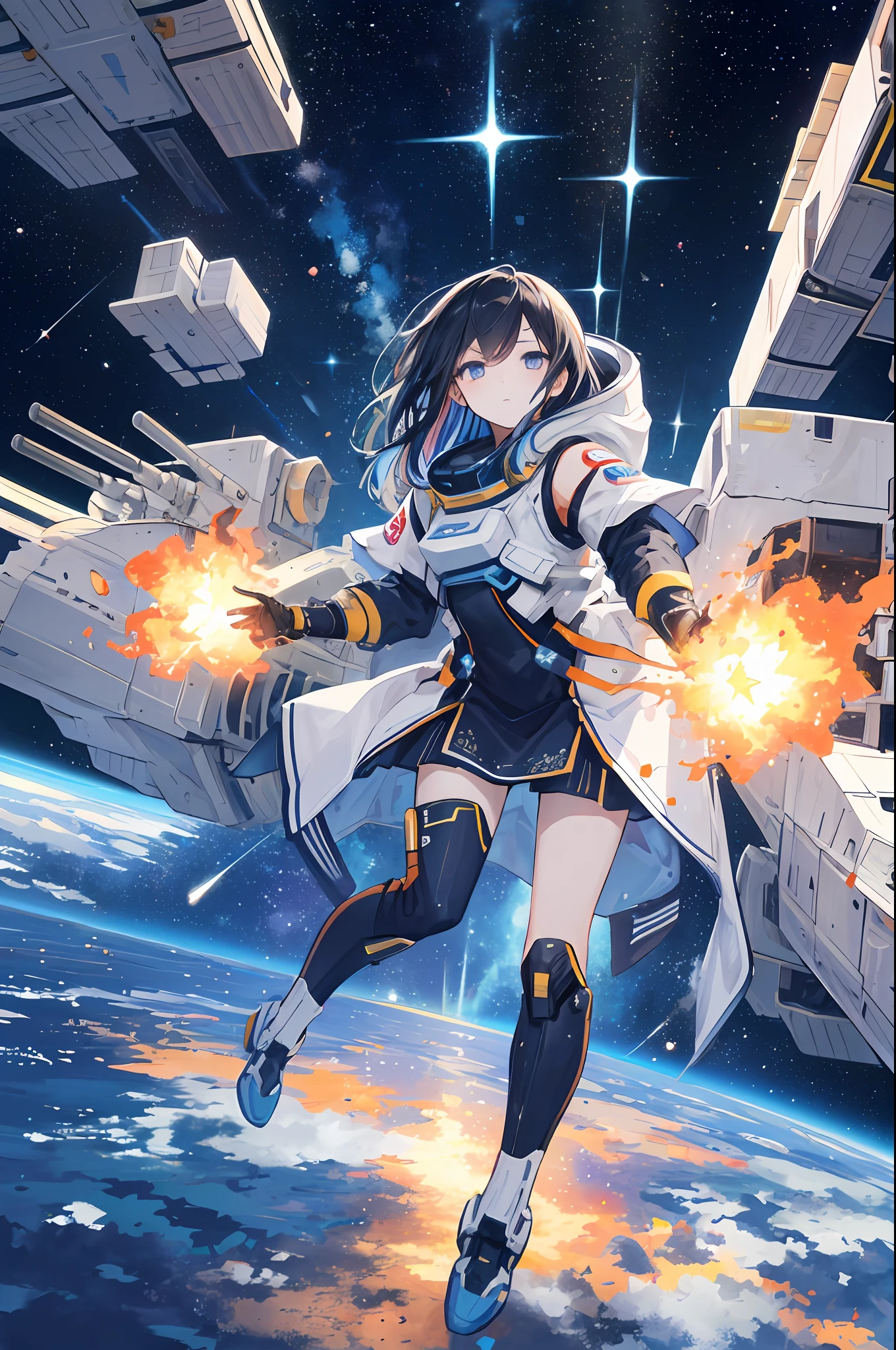 Masterpiece, (best lighting, very delicate and beautiful), (beautiful detailed face), (detailed eyes and detailed face: 1.2), top quality, ultra-high resolution, ultra-luxury illustration, fantasy art, one girl looking up at the starry sky, , full body, black hair, space station, (dynamic angle, medium long shot), many space battleships, space war, interstellar war, beam, multicolored rays, Explosions, galaxies with lights in the air and stars