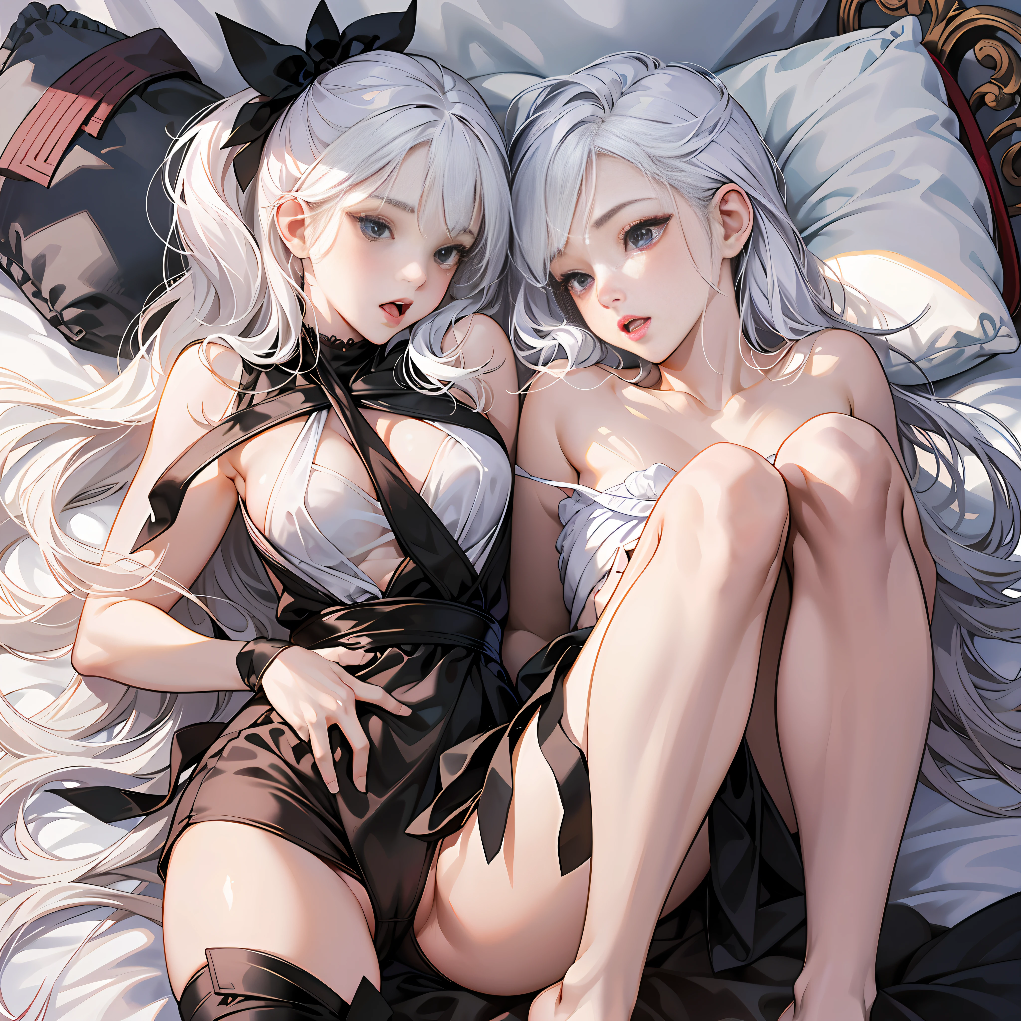 Lifelike,1girls,White hair,Purple eye,big boob,skirts,parted lips,Blush face,Stick out your tongue,Undress,full - body,Black silk,Barefoot,Expose the chest,fnaked,Lift your clothes,Bare waist,a beautifu,Fork the legs,Panty,prette,beautifull --auto