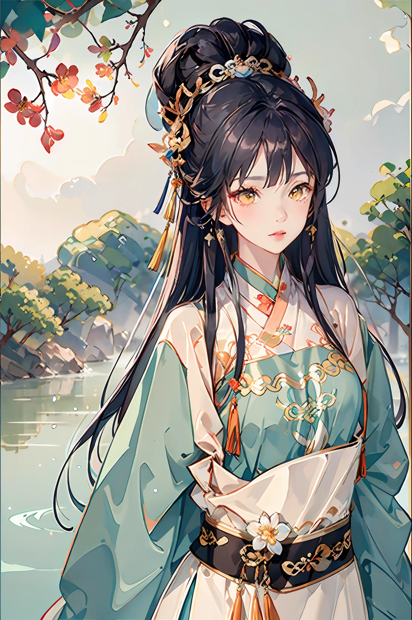 best possible quality,complicated detail,high - resolution,(beautifuldetailedwater:1.4),(Hanfu,Tang Feng),Yellow eyes,The five fingers are flawless in detail