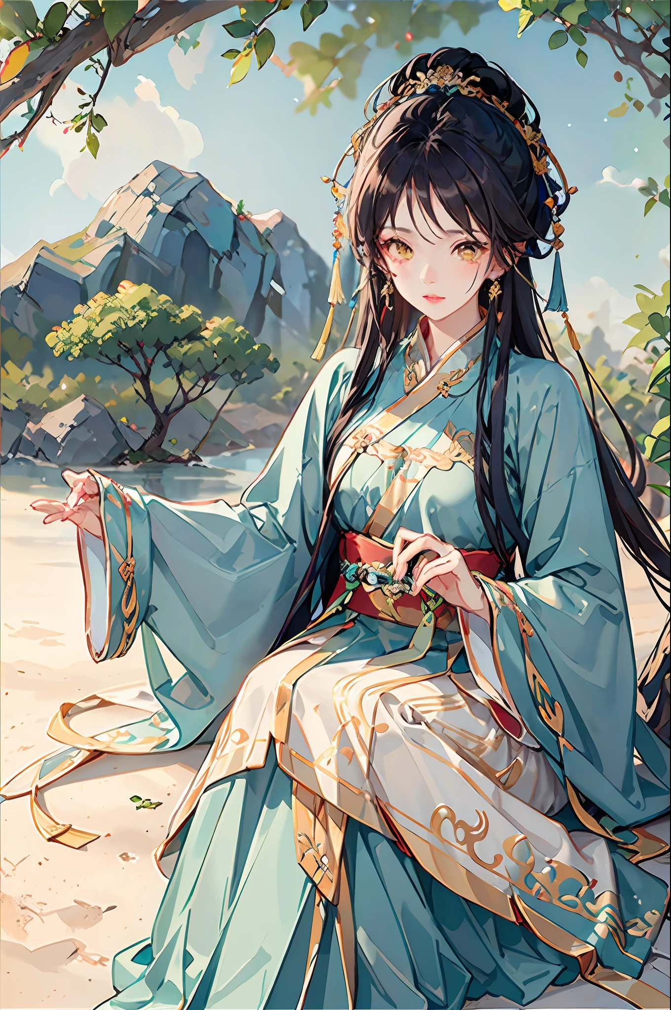 best possible quality,complicated detail,high - resolution,(beautifuldetailedwater:1.4),(Hanfu,Tang Feng),Yellow eyes,The five fingers are flawless in detail