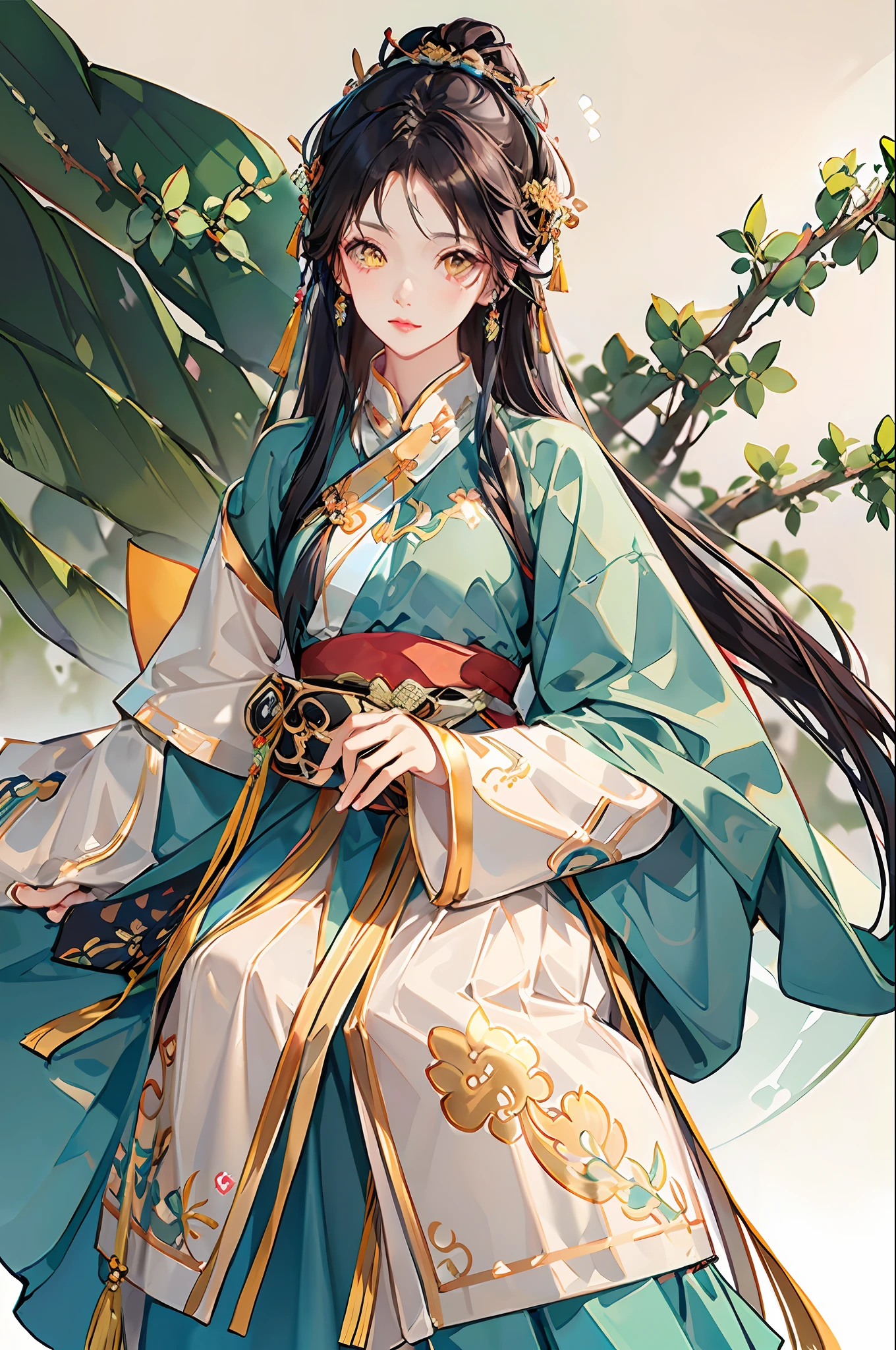 best possible quality,complicated detail,high - resolution,(beautifuldetailedwater:1.4),(Hanfu,Tang Feng),Yellow eyes,The five fingers are flawless in detail